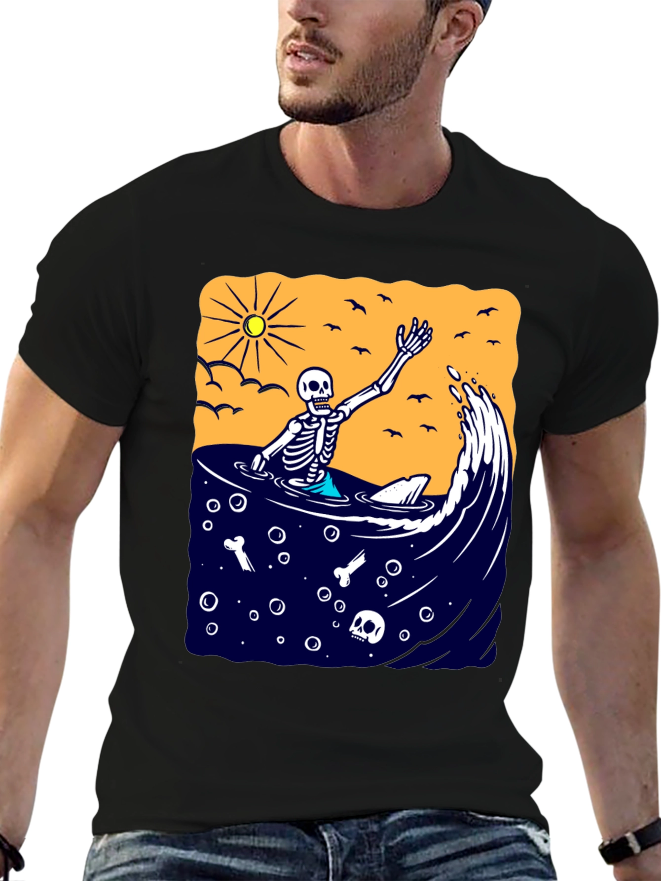 Black Skeleton Surfer T-Shirt - Beach Vibe Graphic Tee view 6
