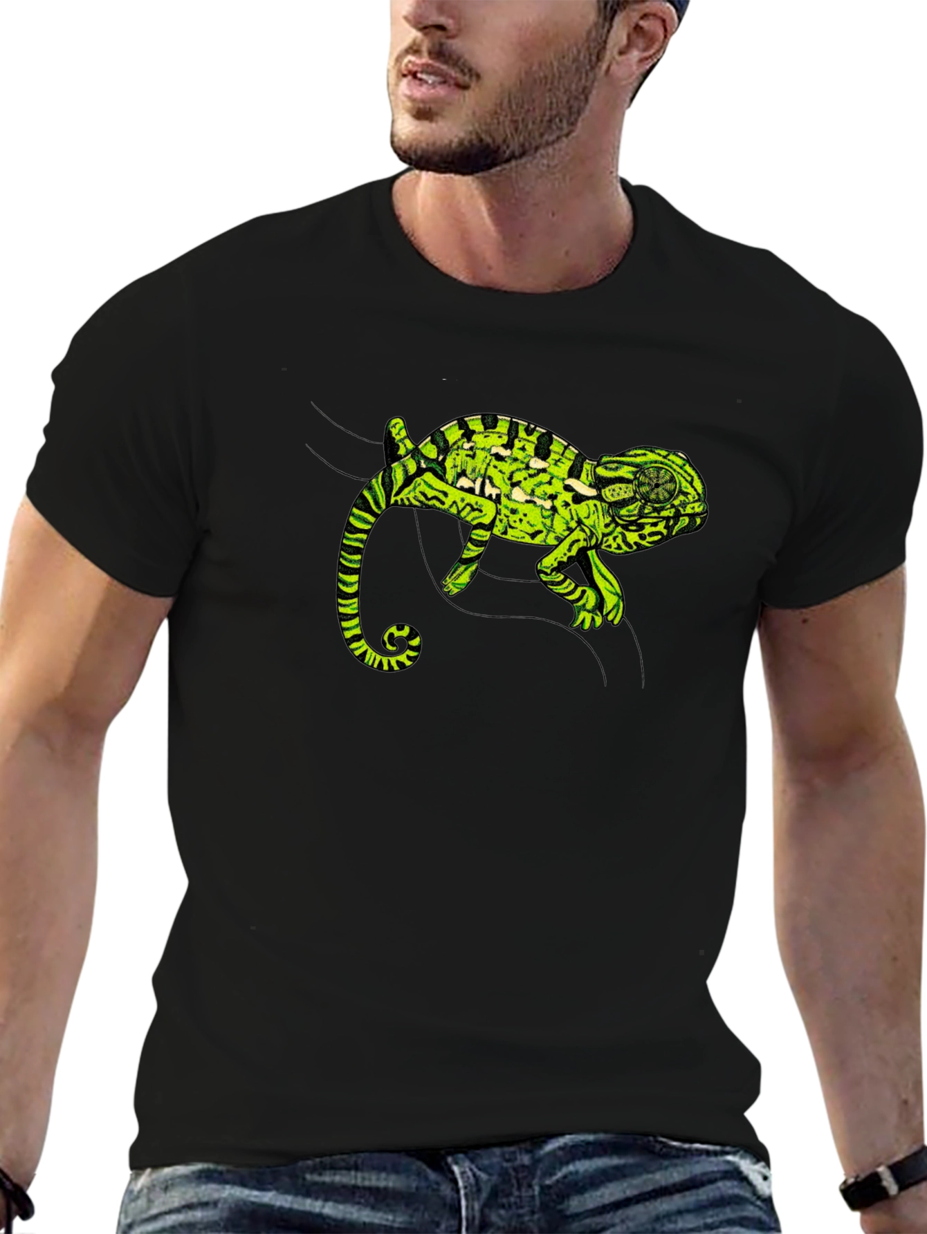 Black Black T-Shirt with Green Chameleon Graphic view 6