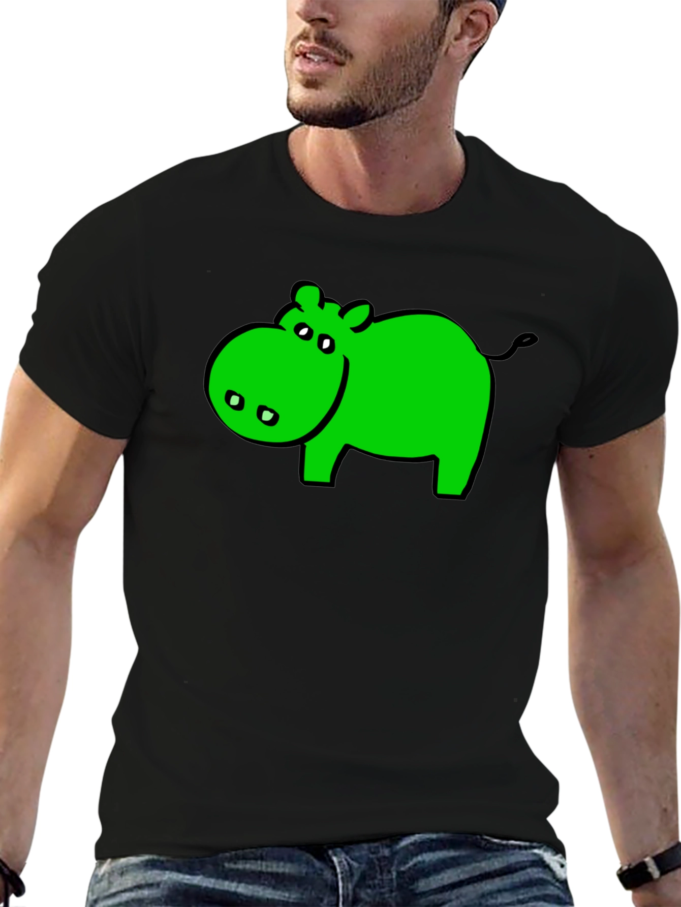 Black Green Hippo Graphic Black T-Shirt - Casual Wear view 6