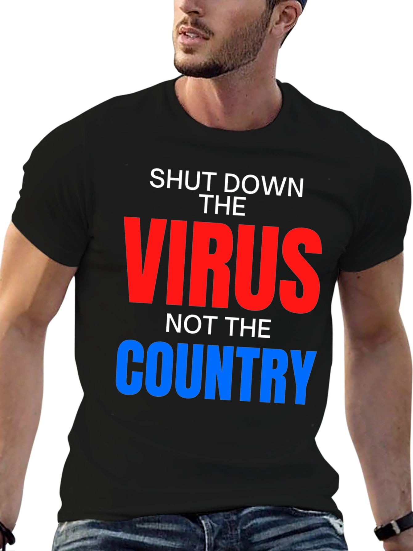 Black Shut Down Virus, Not Country T-Shirt view 6