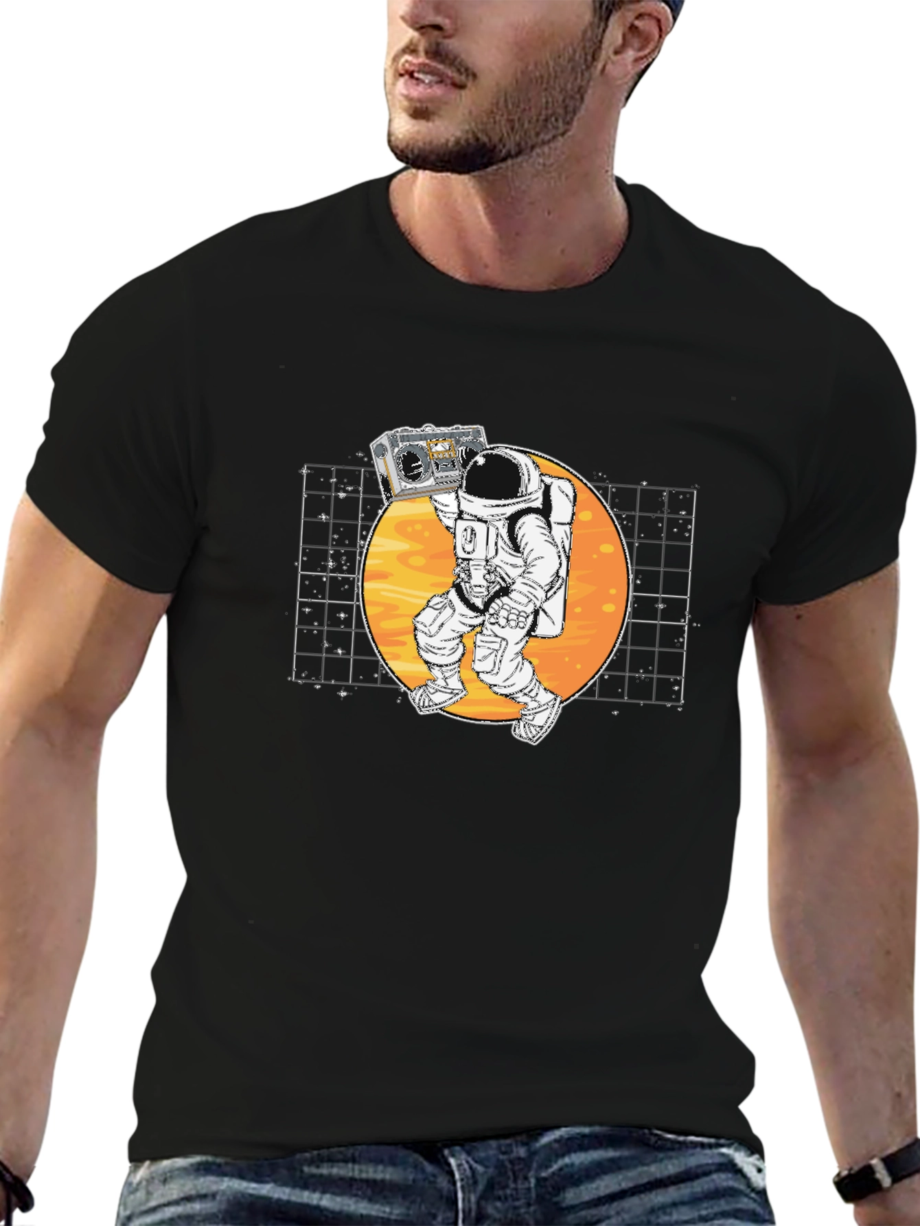 Black Astronaut Boombox Graphic T-Shirt - Retro Space Design view 6