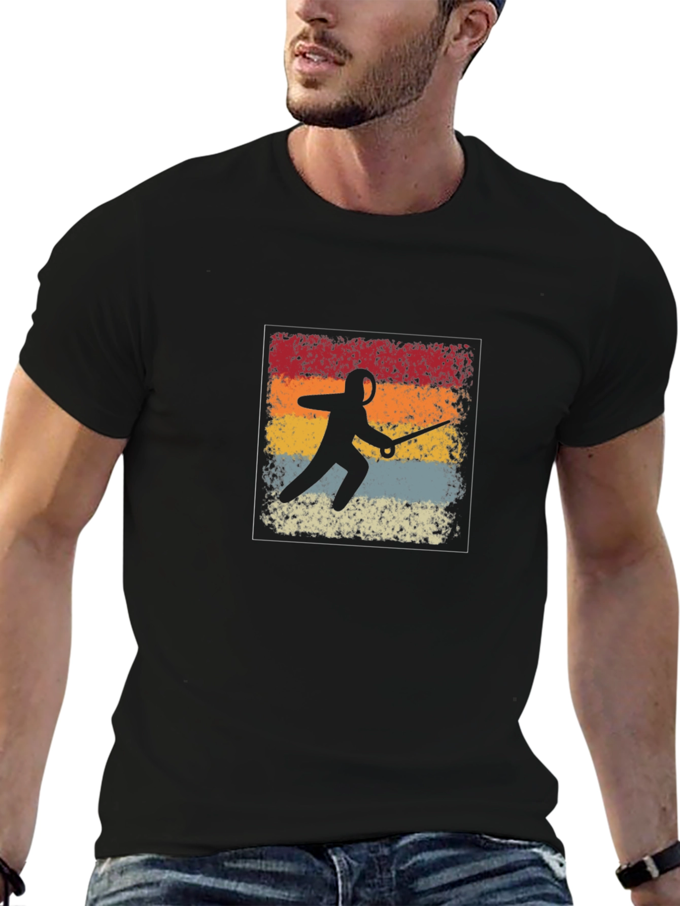 Black Retro Fencing Silhouette Graphic T-Shirt view 6