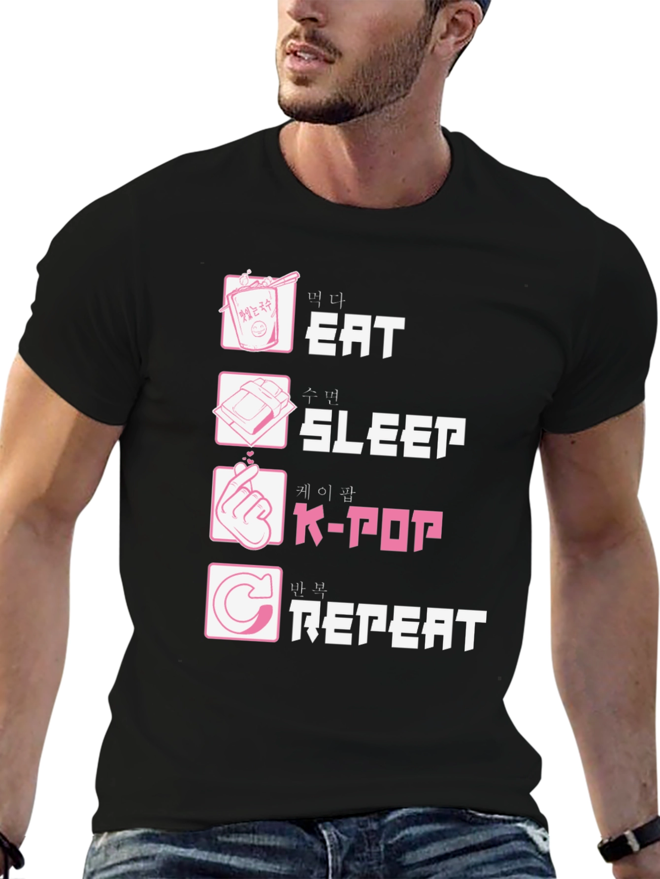 Black Eat Sleep K-Pop Repeat Black Graphic Tee view 6