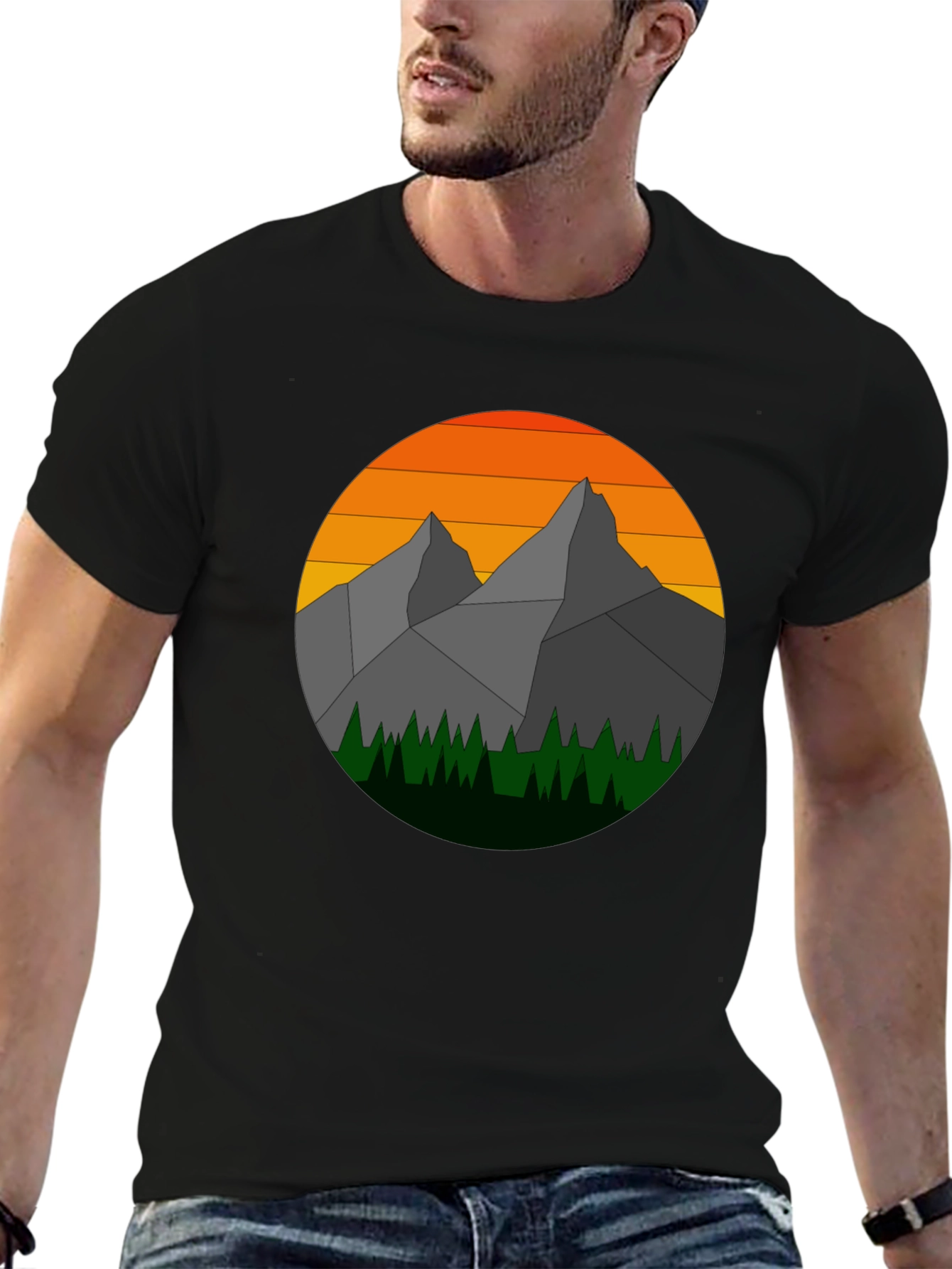 Black Geometric Mountain Sunset Graphic Tee view 6