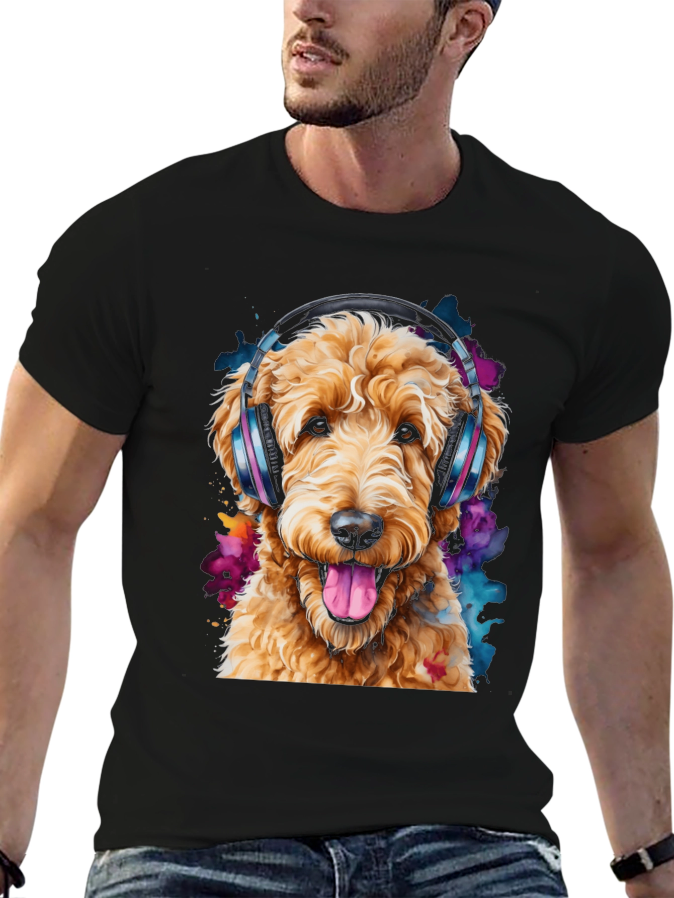 Black Dog with Headphones Black T-Shirt view 6