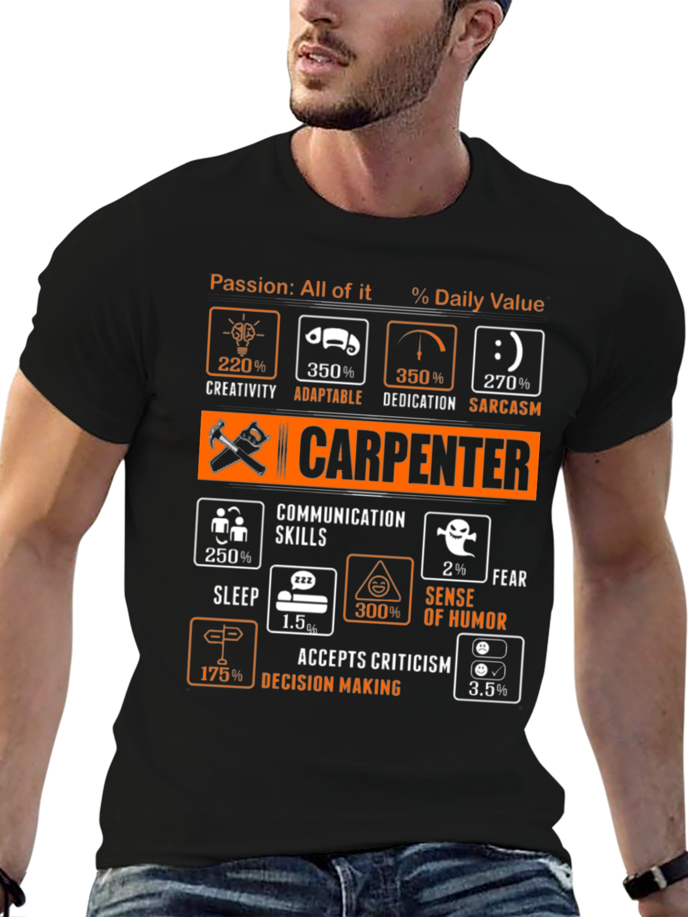 Black Carpenter Humor T-Shirt - Daily Value Stats Design view 6