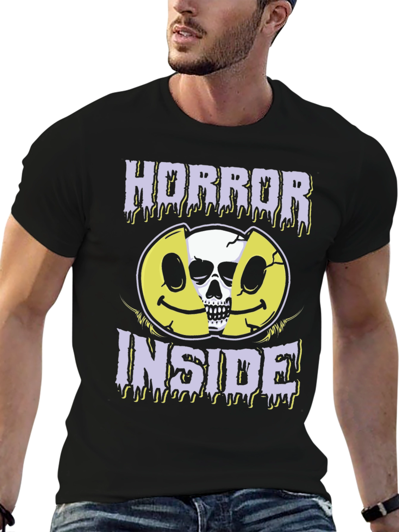 Black Horror Inside Graphic T-Shirt - Creepy Skull Smiley Face Tee view 6