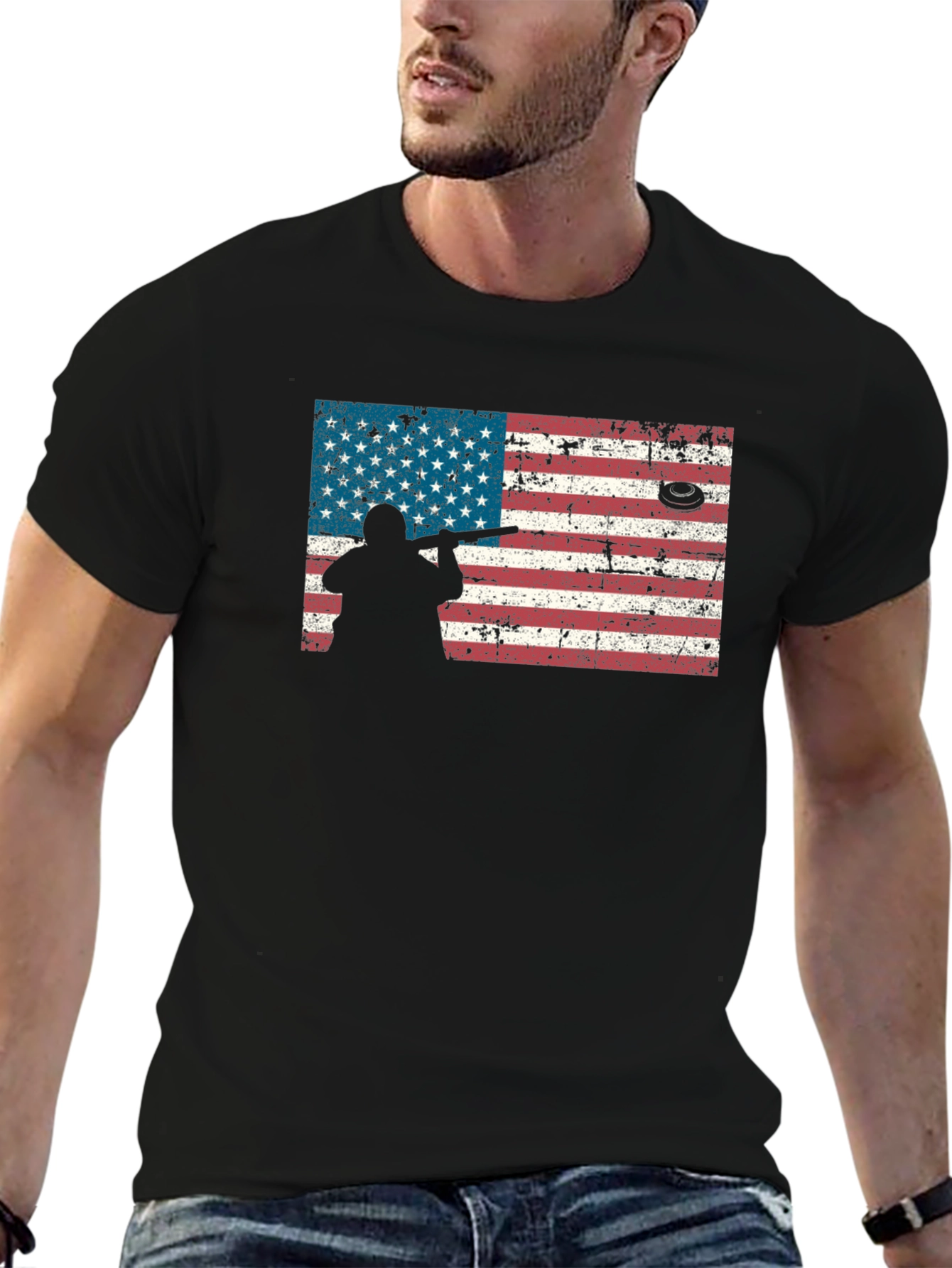 Black American Flag Skeet Shooting T-Shirt view 6