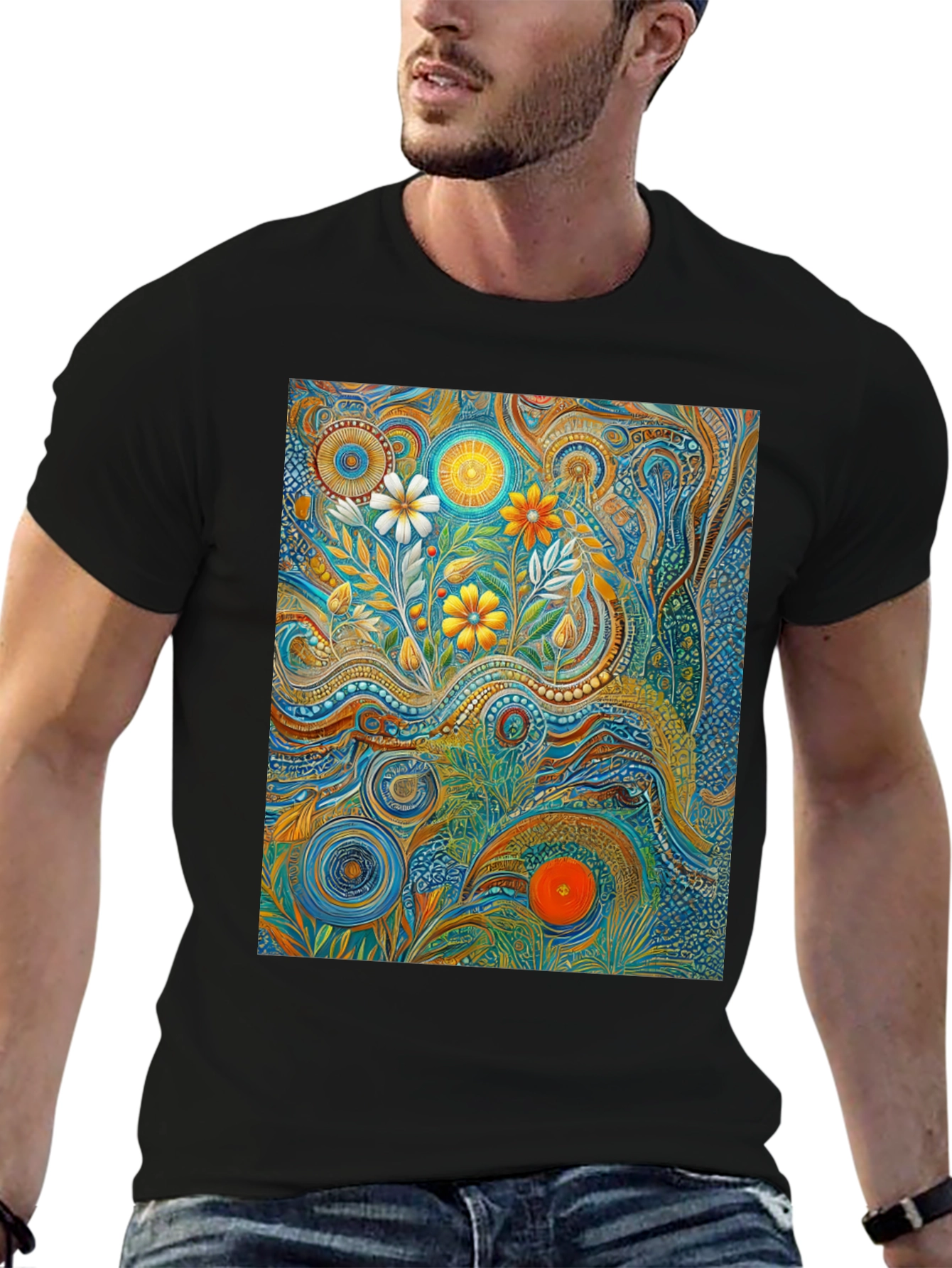 Black Psychedelic Floral Art T-Shirt view 6