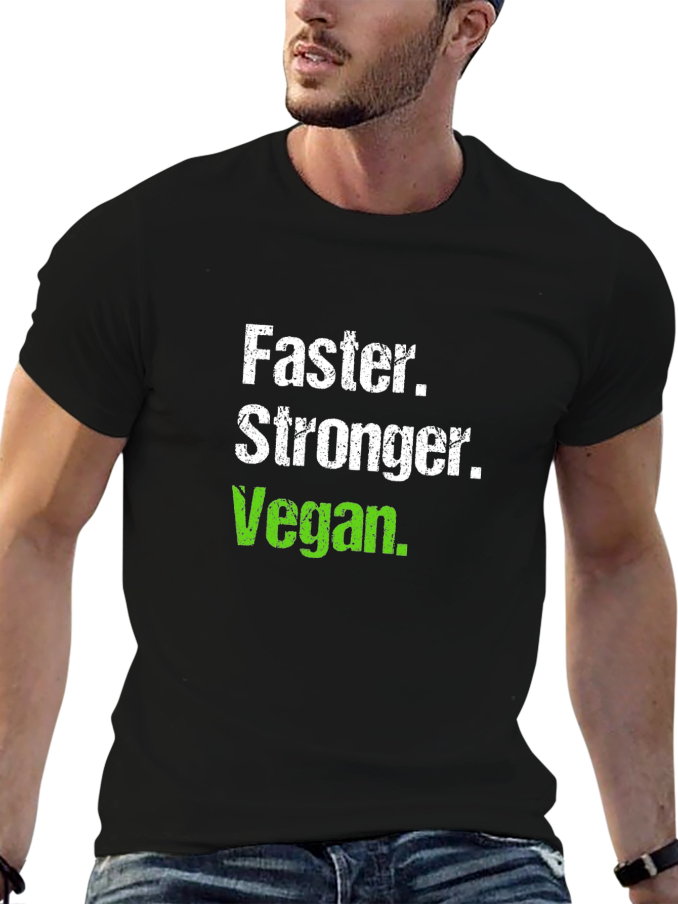 Black Faster Stronger Vegan T-Shirt - Black Crew Neck view 6