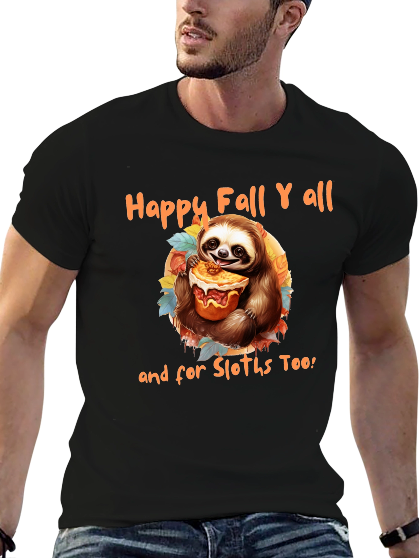 Black Happy Fall Y'all Sloth T-Shirt view 6