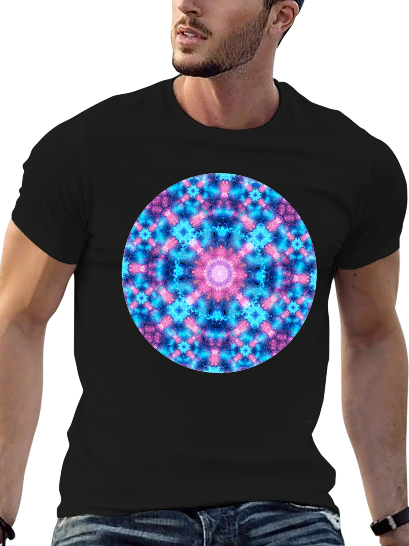 Black Cosmic Mandala T-Shirt - Colorful Geometric Design view 6