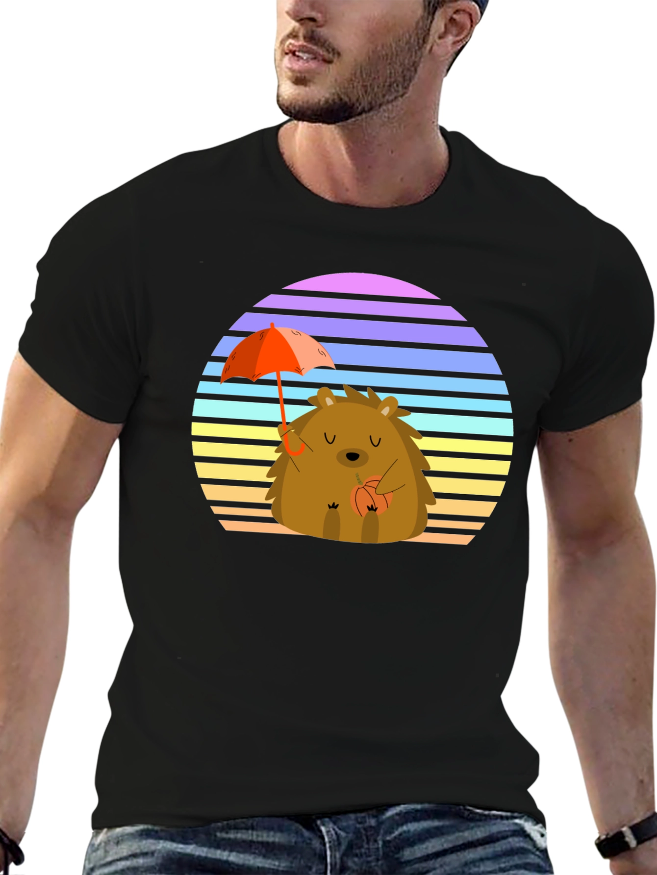 Black Cute Hedgehog T-Shirt with Retro Sunset Design view 6