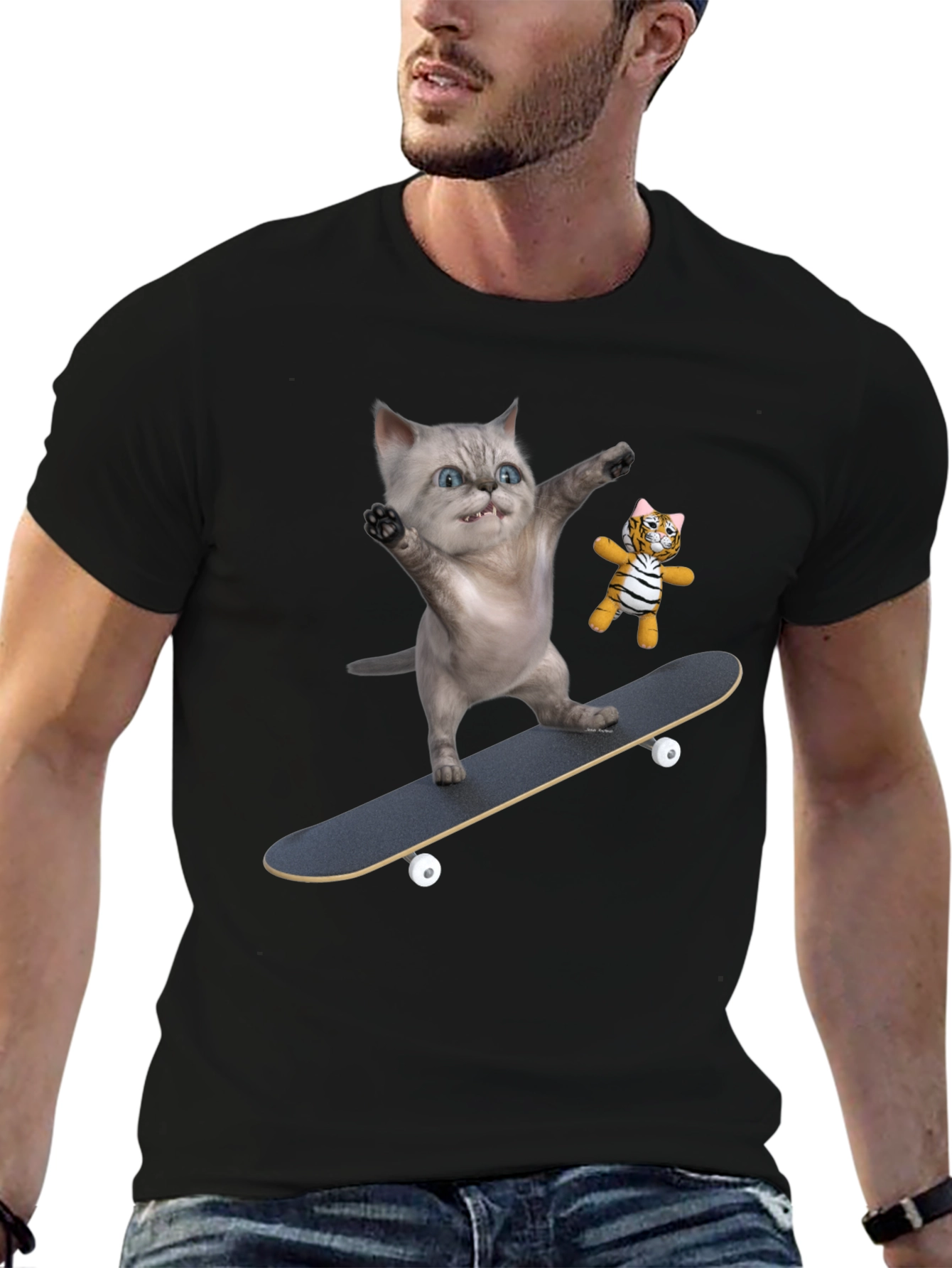 Black Cool Cat Skateboard T-Shirt - Unique Design view 6