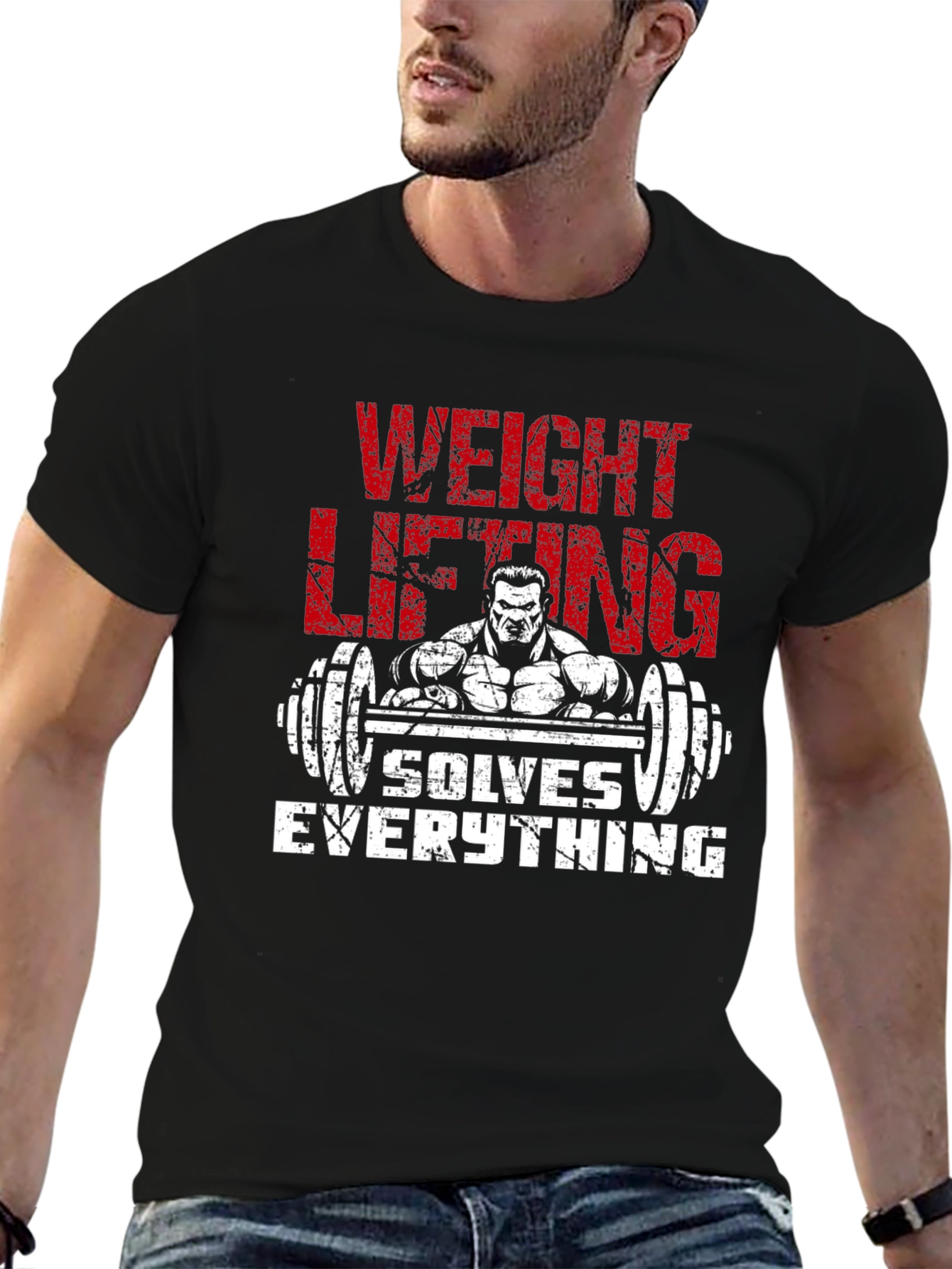 Black Weightlifting Solves Everything Black Graphic Tee view 6