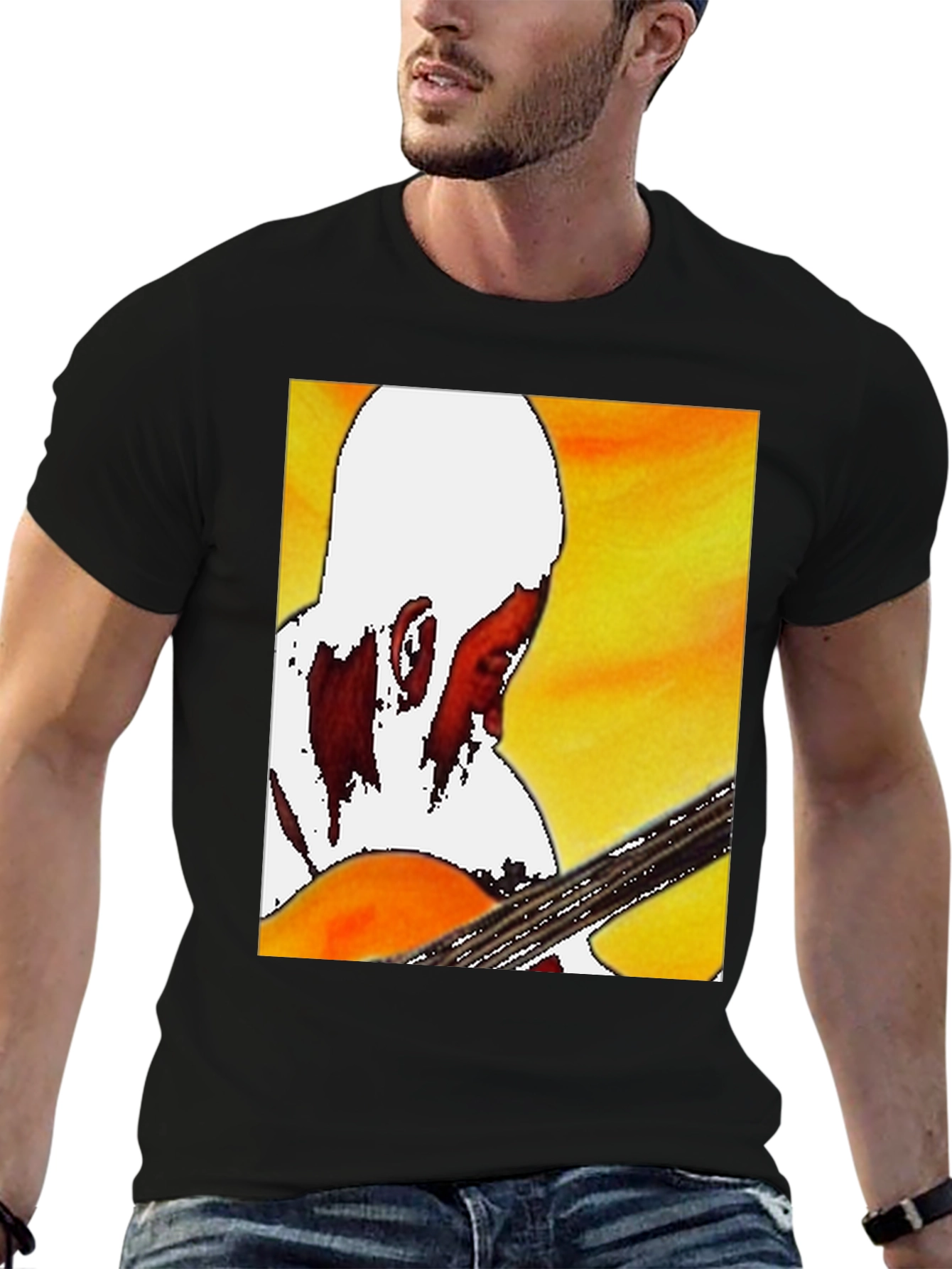 Black Guitar Player Graphic T-Shirt - Classic Crew Neck view 6