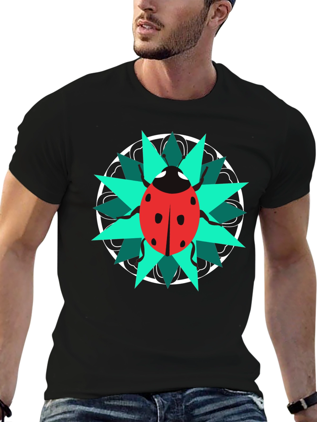 Black Ladybug Mandala Graphic Tee - Stylish Black T-Shirt view 6