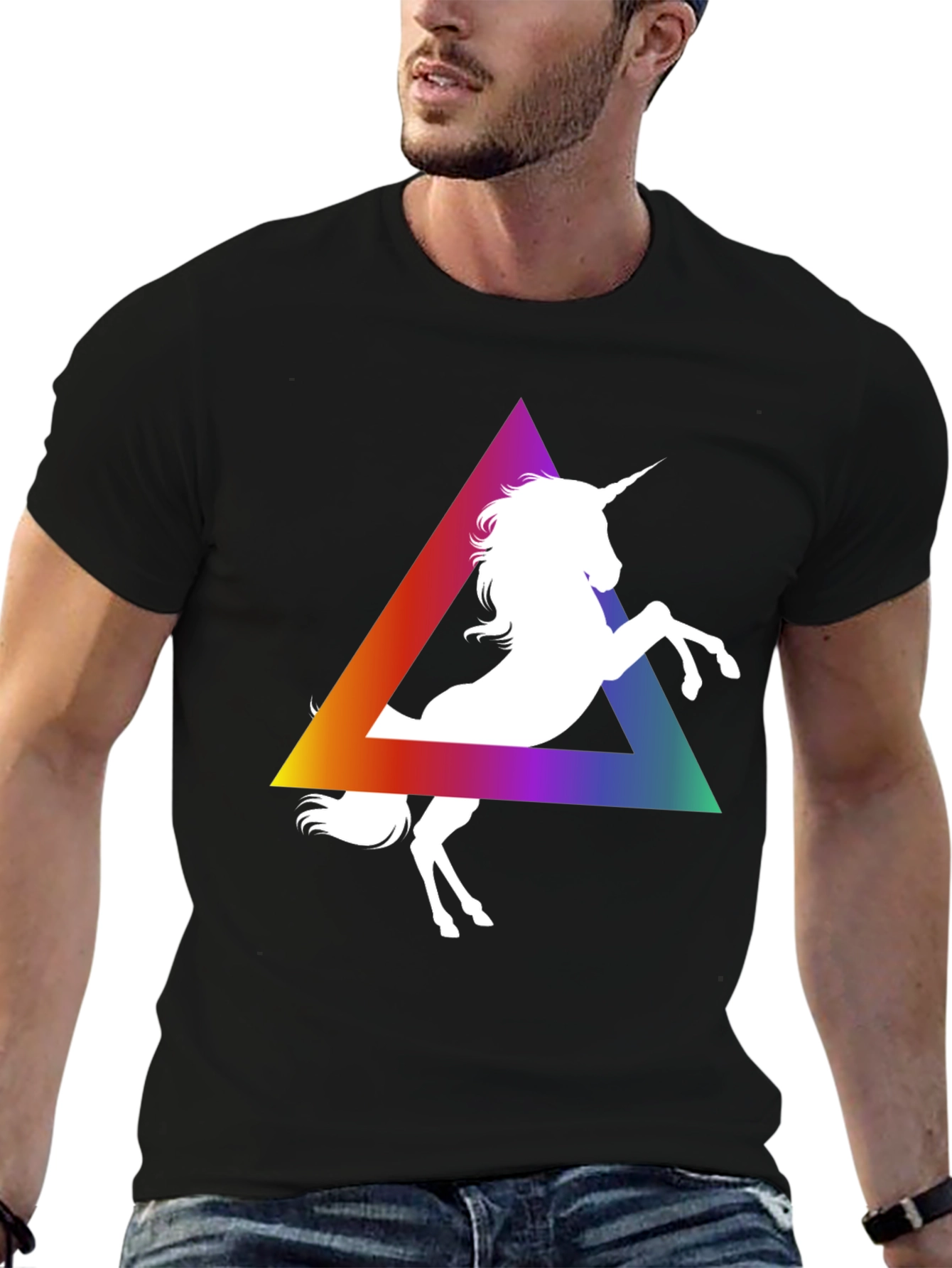 Black Unicorn Rainbow Triangle Graphic Tee - Black Cotton T-Shirt view 6
