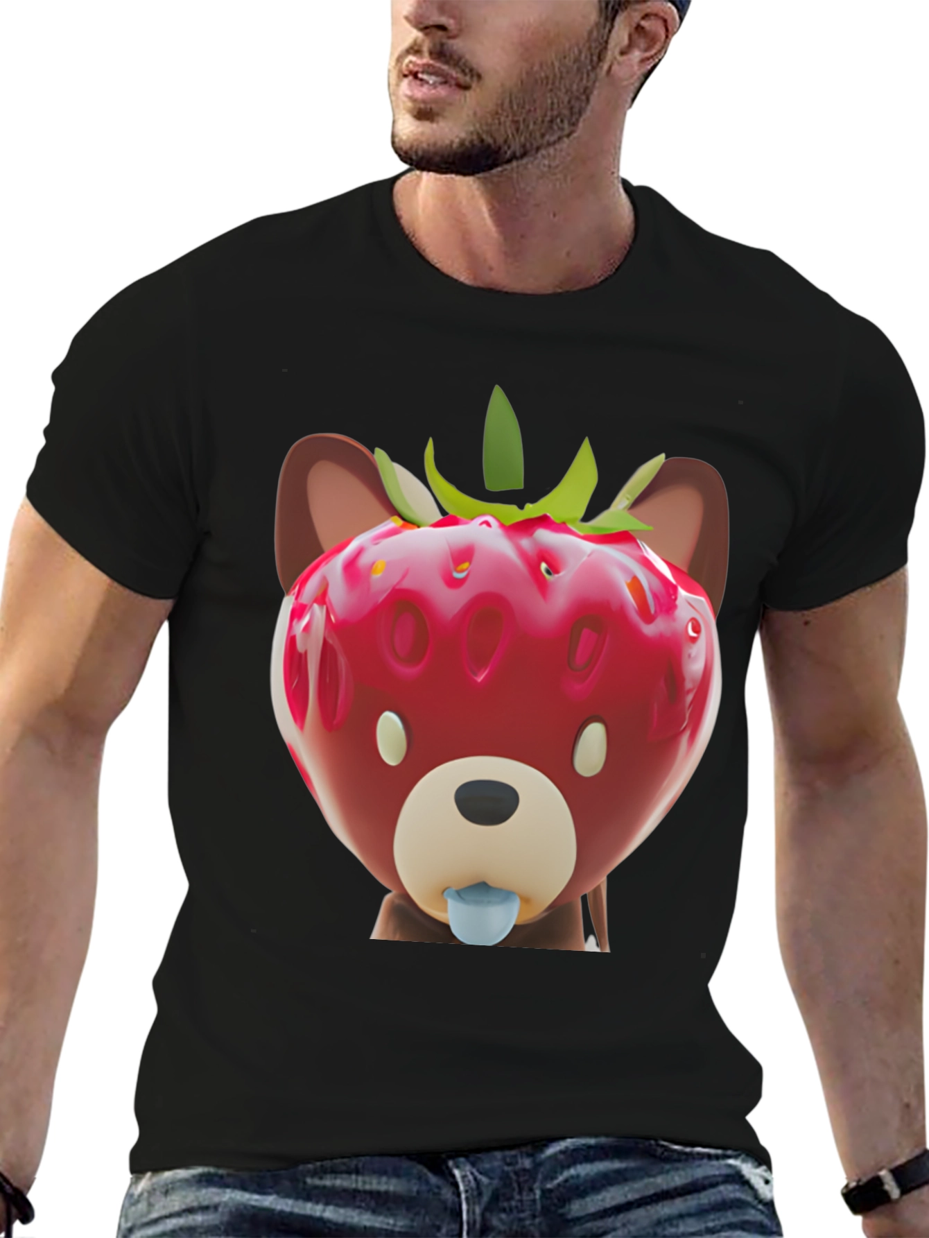 Black Strawberry Bear Graphic Tee - Unique Men's Black T-Shirt view 6
