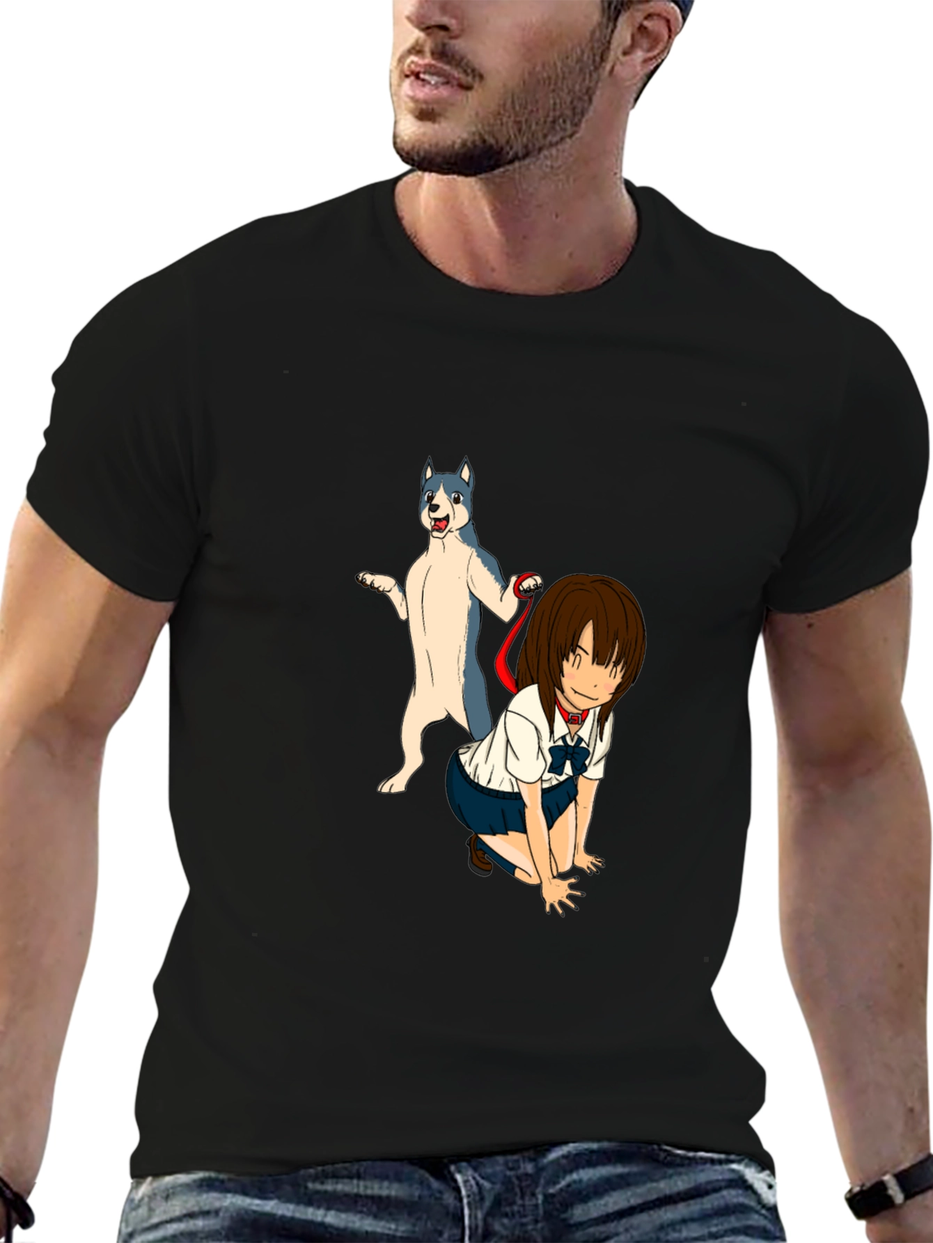 Black Anime Girl & Dog Graphic Black T-Shirt view 6