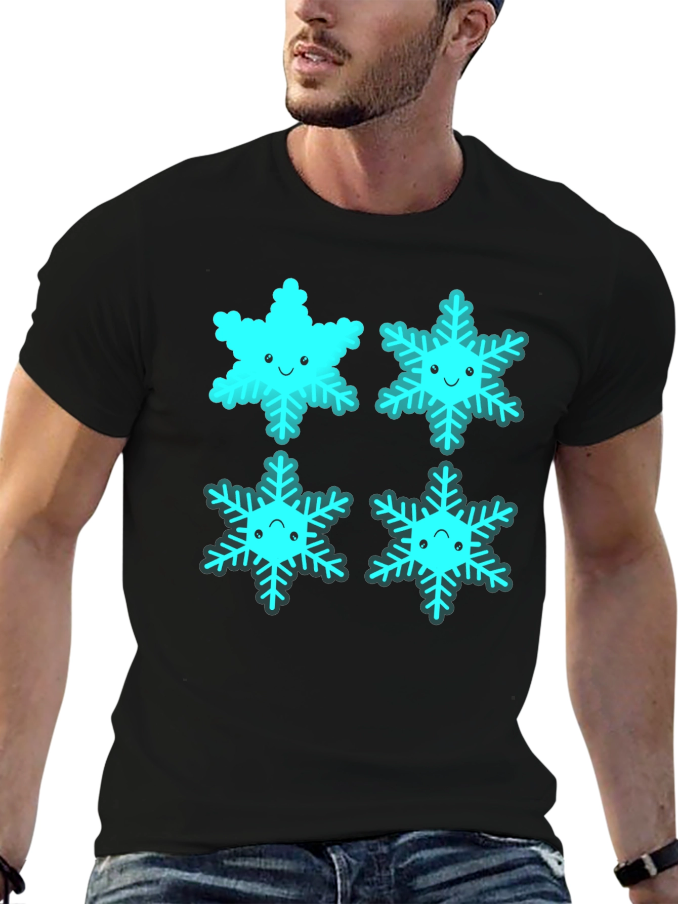 Black Cute Cartoon Snowflake Graphic Tee - Black view 6