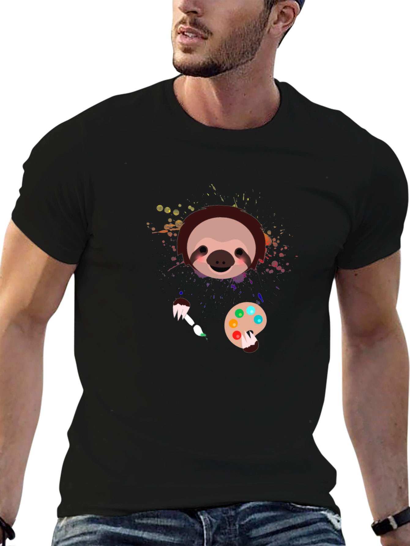 Black Sloth Artist Graphic T-Shirt - Cute Painter Tee view 6