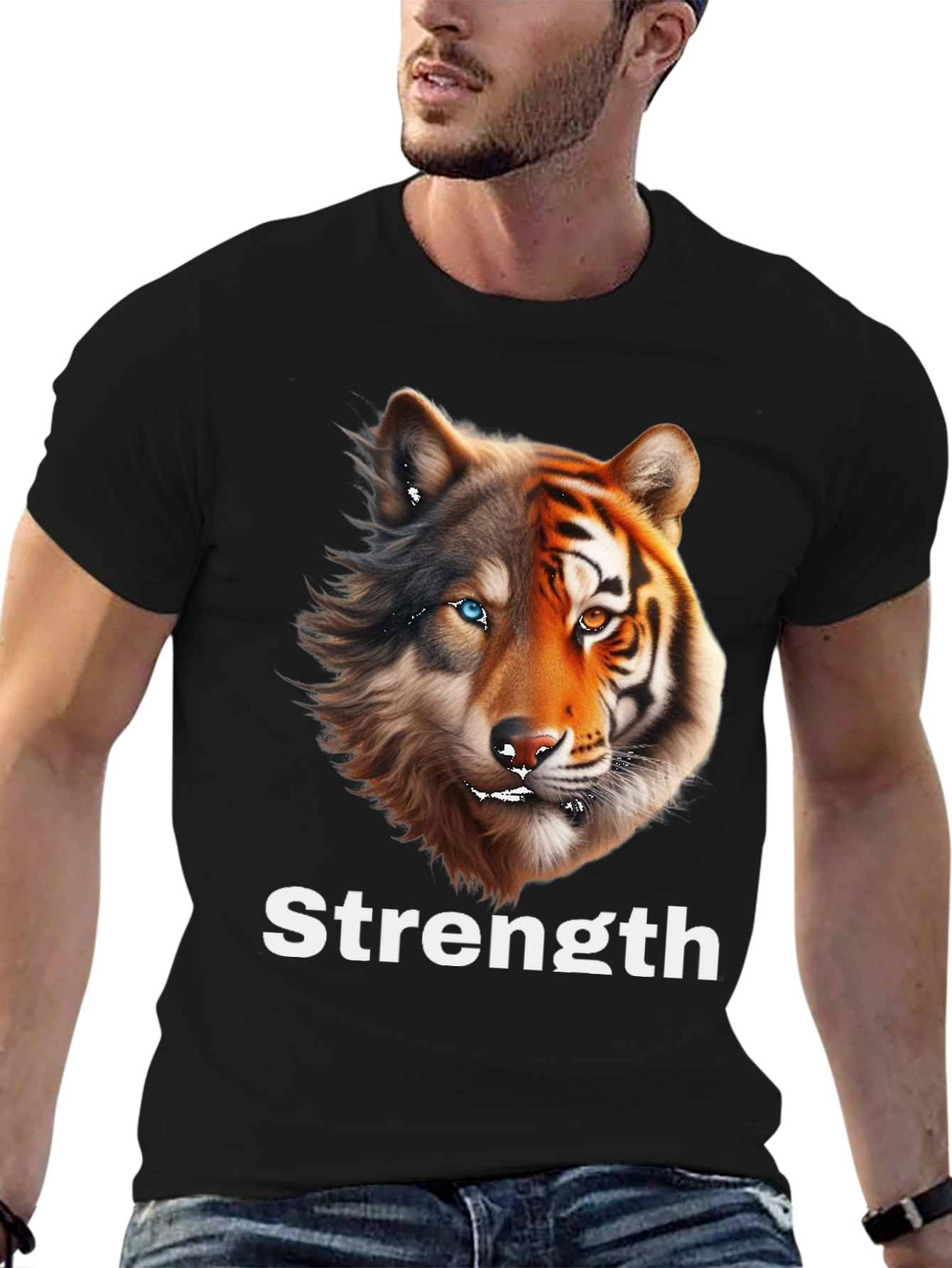 Black Strength Wolf Tiger Graphic Tee - Unique Animal Design view 6
