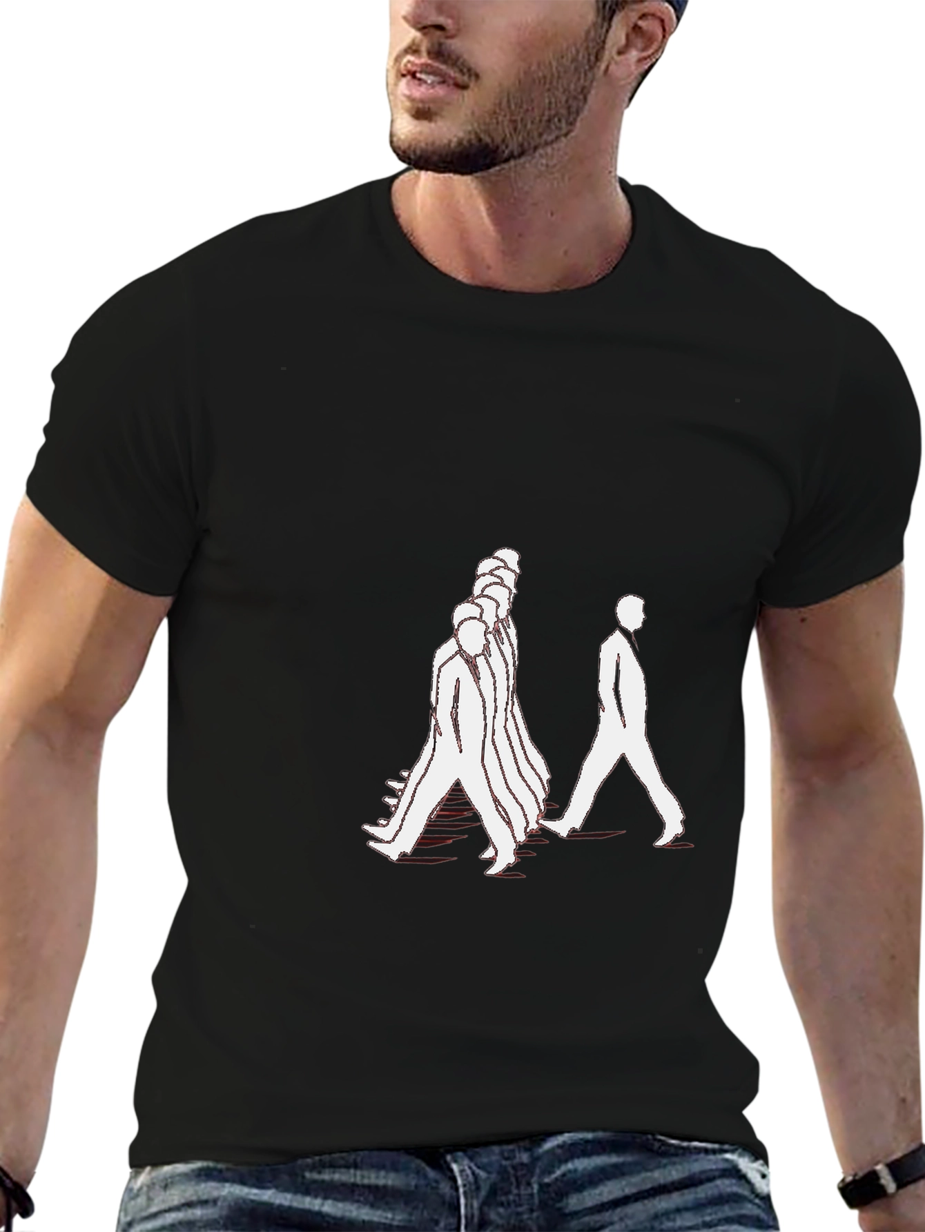 Black Black T-Shirt with Walking Figures Print view 6