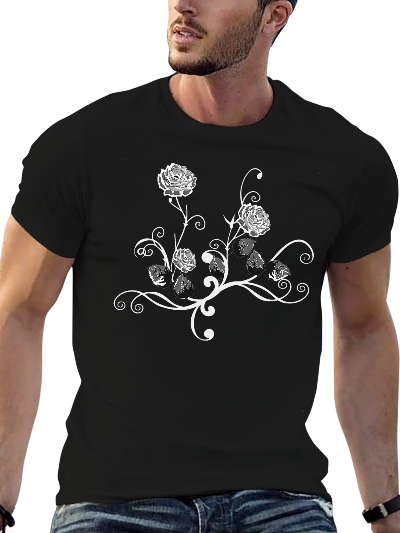 Black Floral Rose Vine Graphic Black T-Shirt view 6