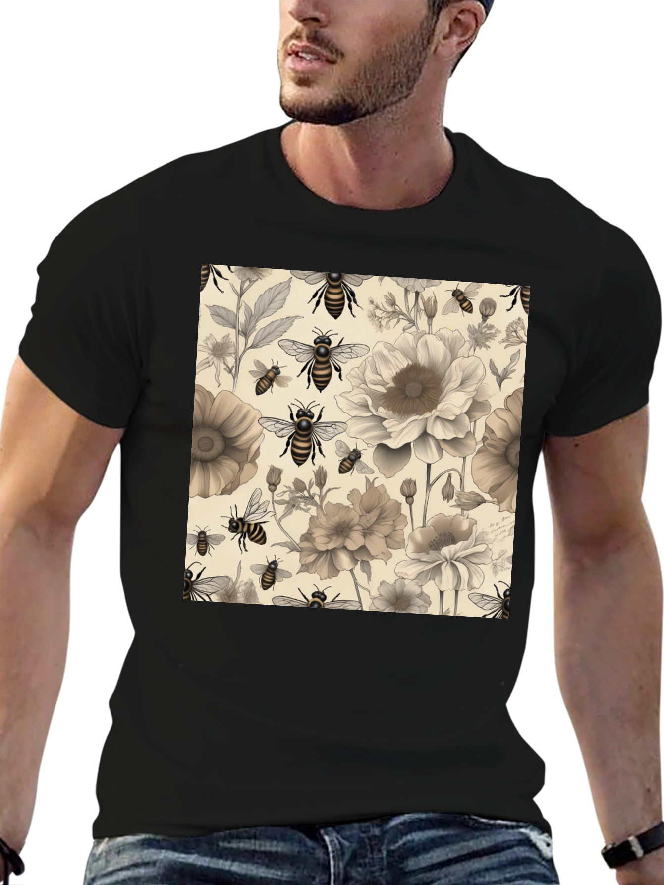 Black Floral Bee Print Black T-Shirt view 6
