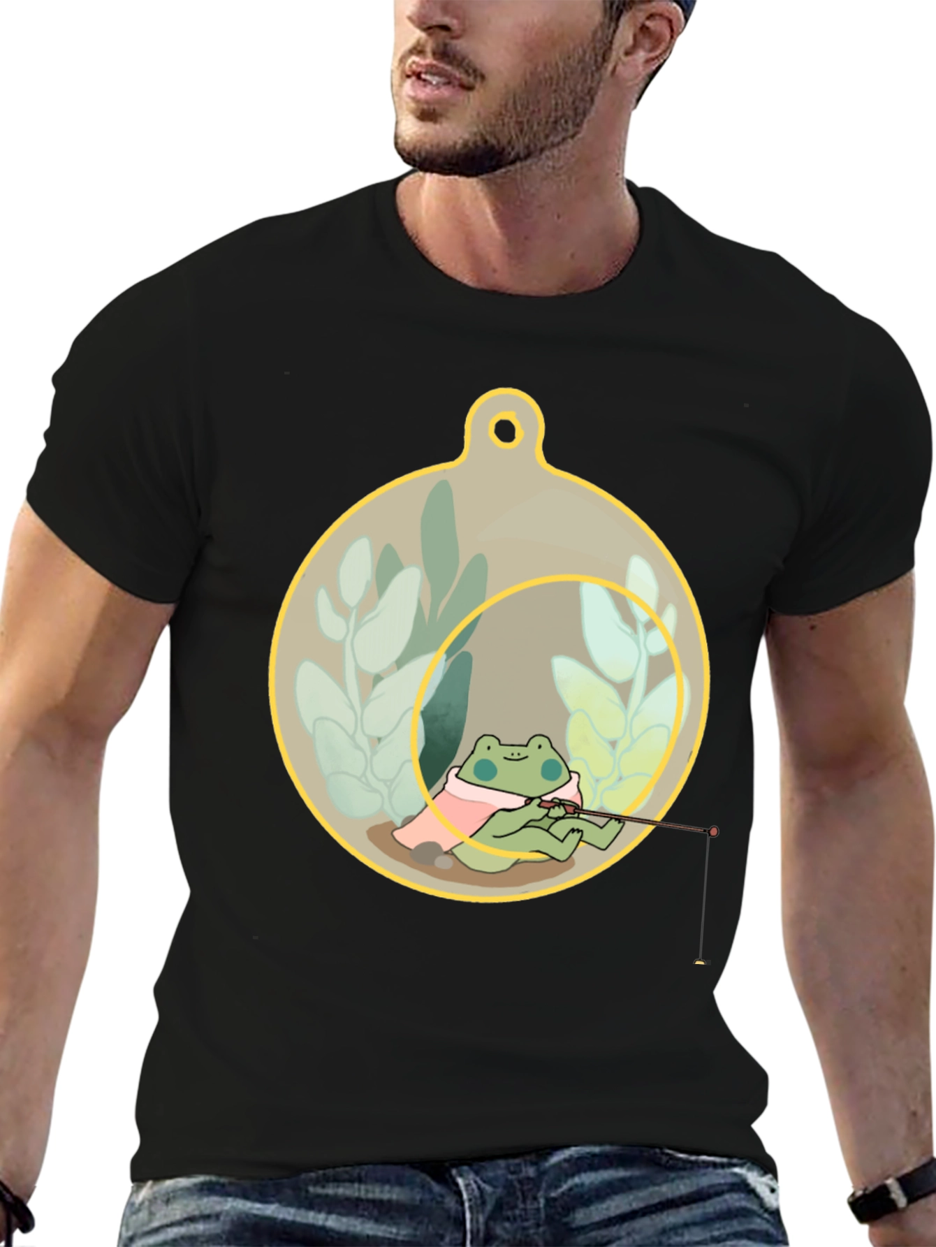 Black Frog Fishing in a Terrarium T-Shirt view 6