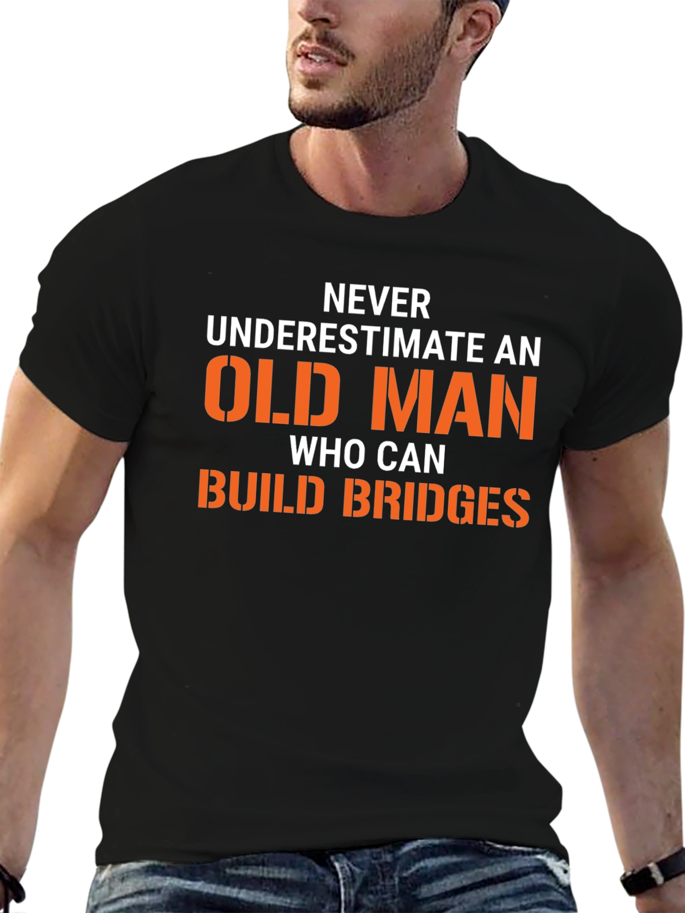 Black Funny "Old Man Build Bridges" Graphic Tee view 6