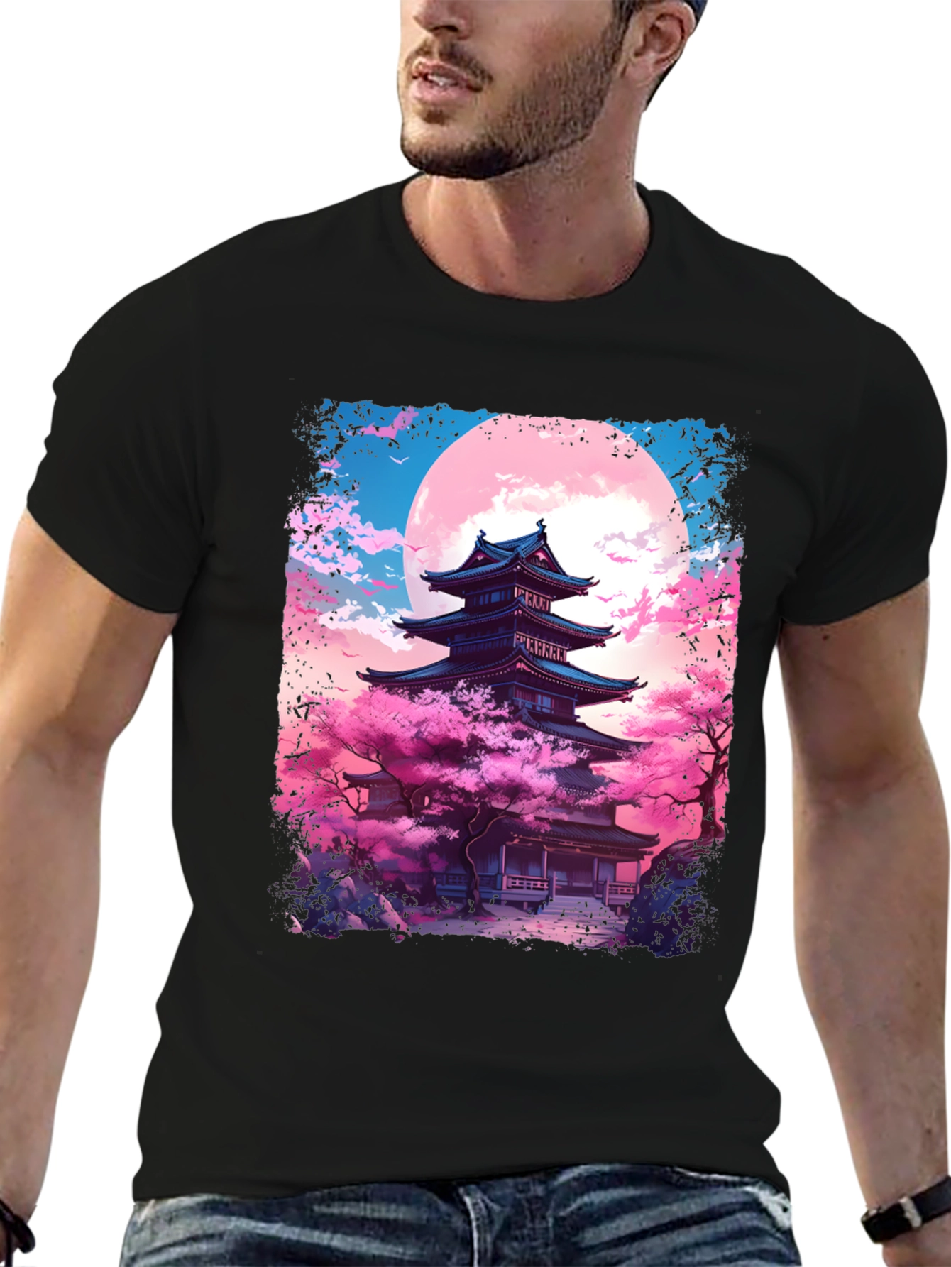 Black Japanese Temple Sakura Moon Men's Graphic Tee view 6