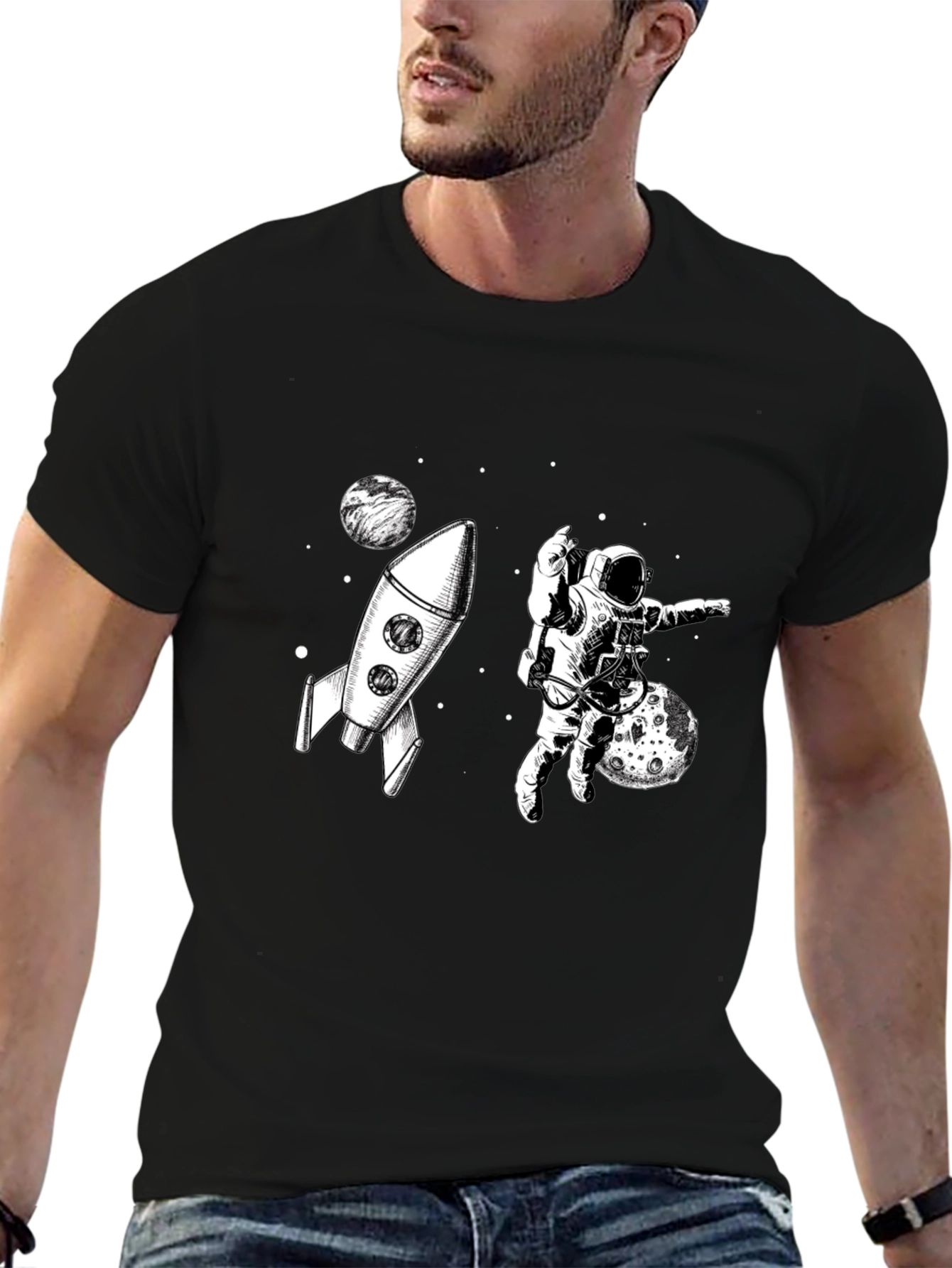 Black Space Explorer Graphic Tee - Black Cotton T-Shirt view 6