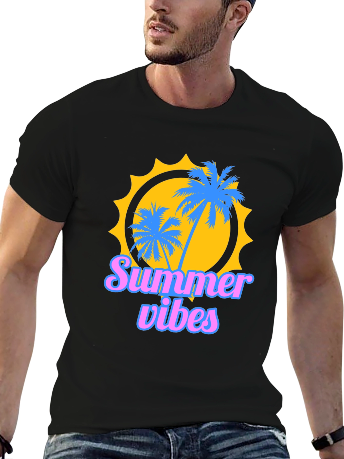 Black Summer Vibes Graphic Tee - Black Cotton T-Shirt view 6