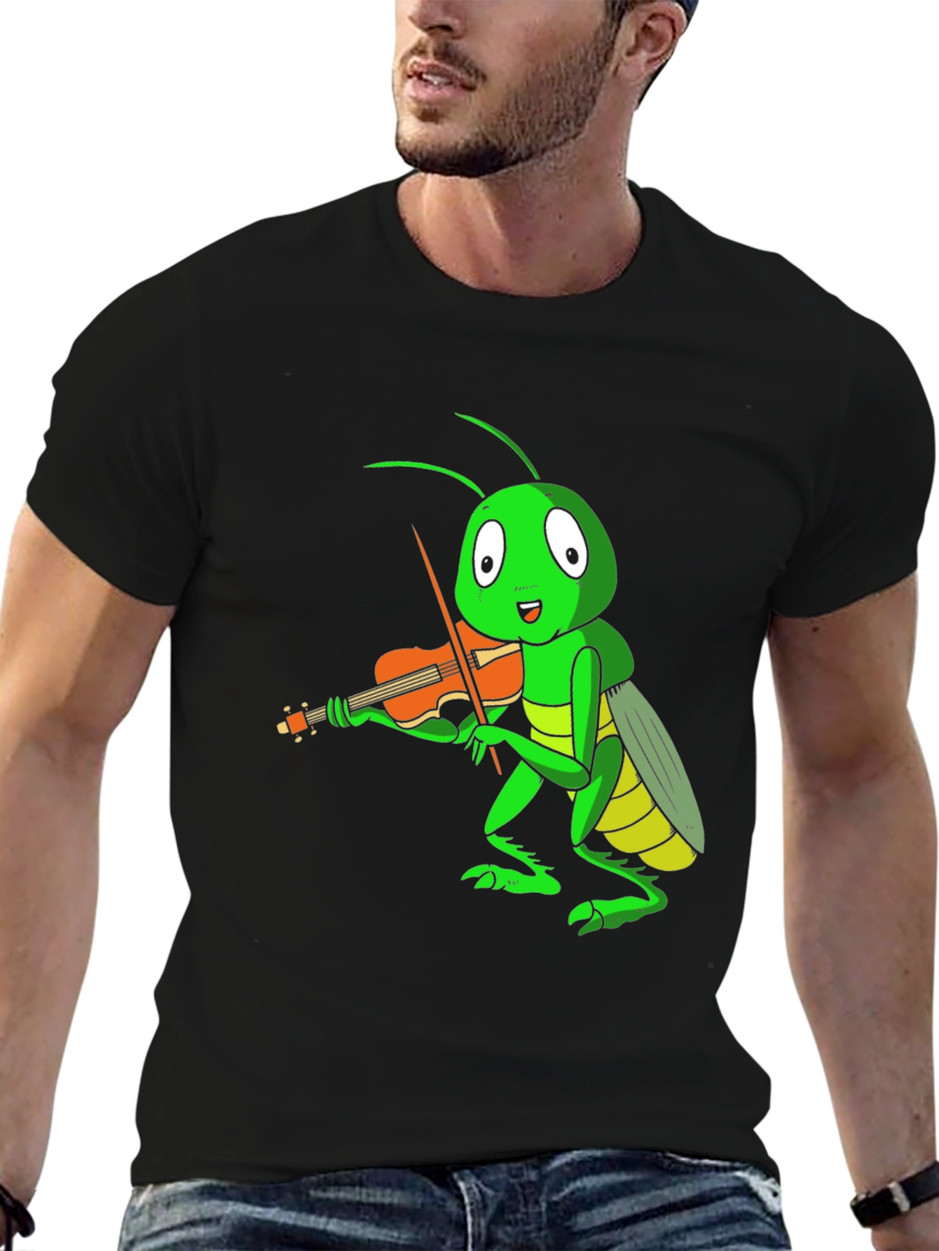 Black Grasshopper Violinist T-Shirt - Unique Graphic Tee view 6
