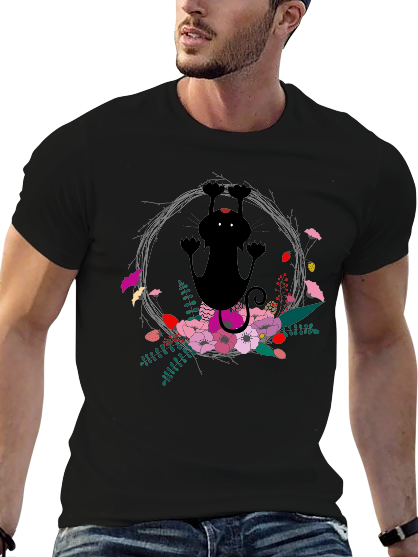 Black Floral Cat Black T-Shirt - Fun & Unique Design view 6
