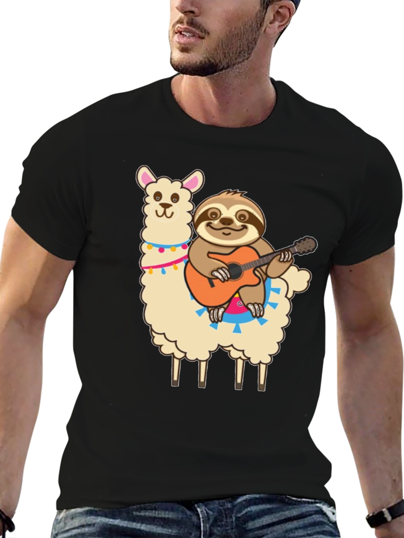 Black Llama & Sloth Guitar T-Shirt view 6