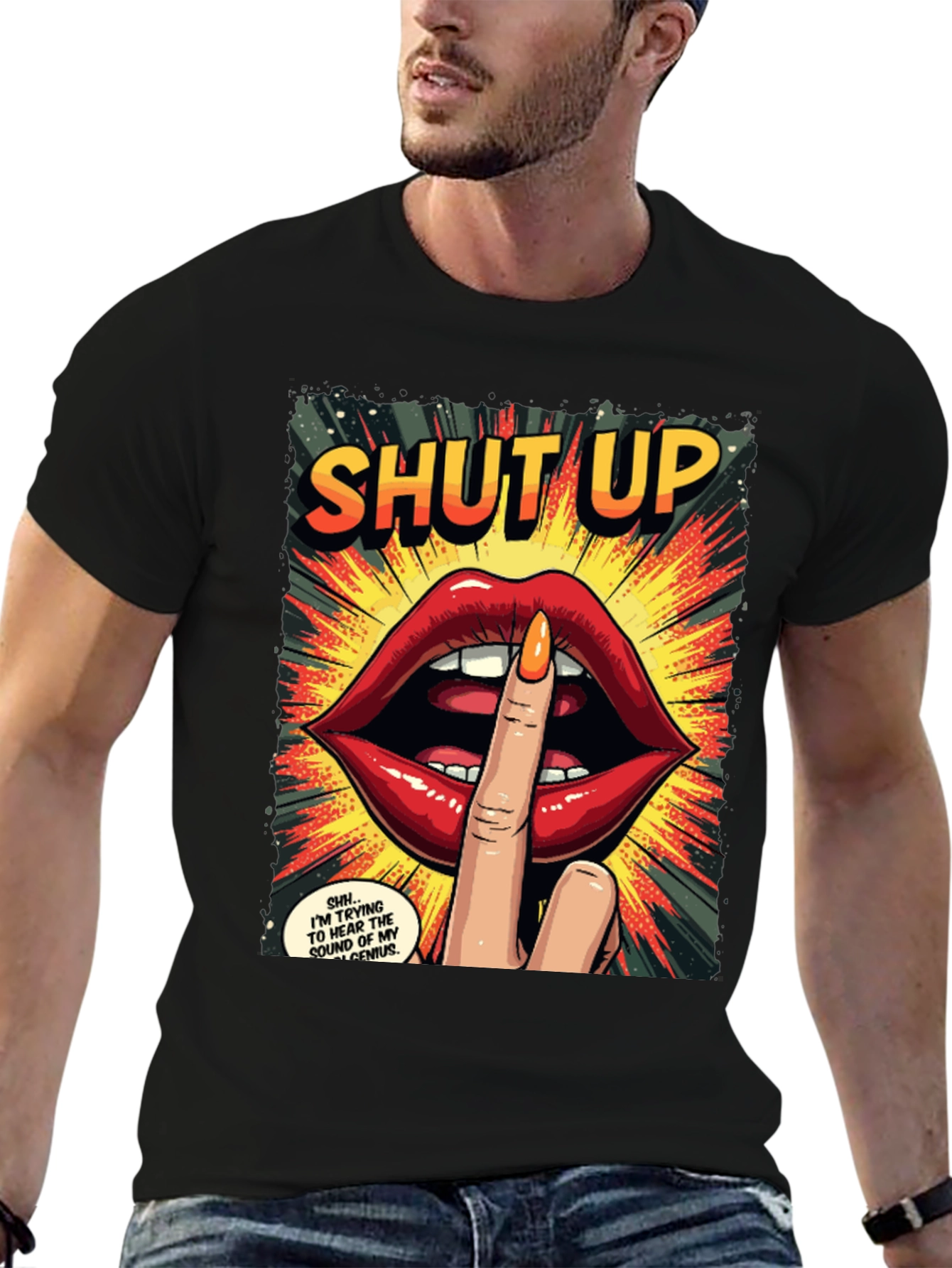Black Shut Up Graphic Tee - Comic Book Style view 6
