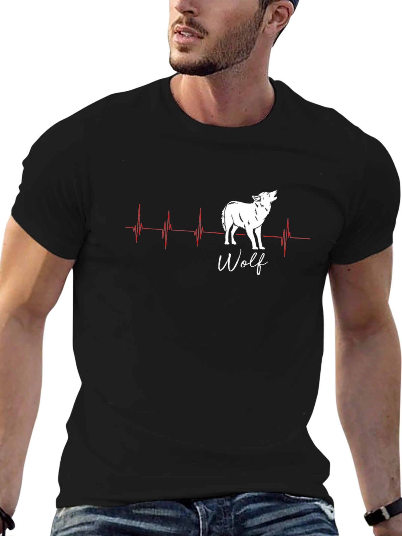 Black Wolf Heartbeat T-Shirt - Men's Black Graphic Tee view 6