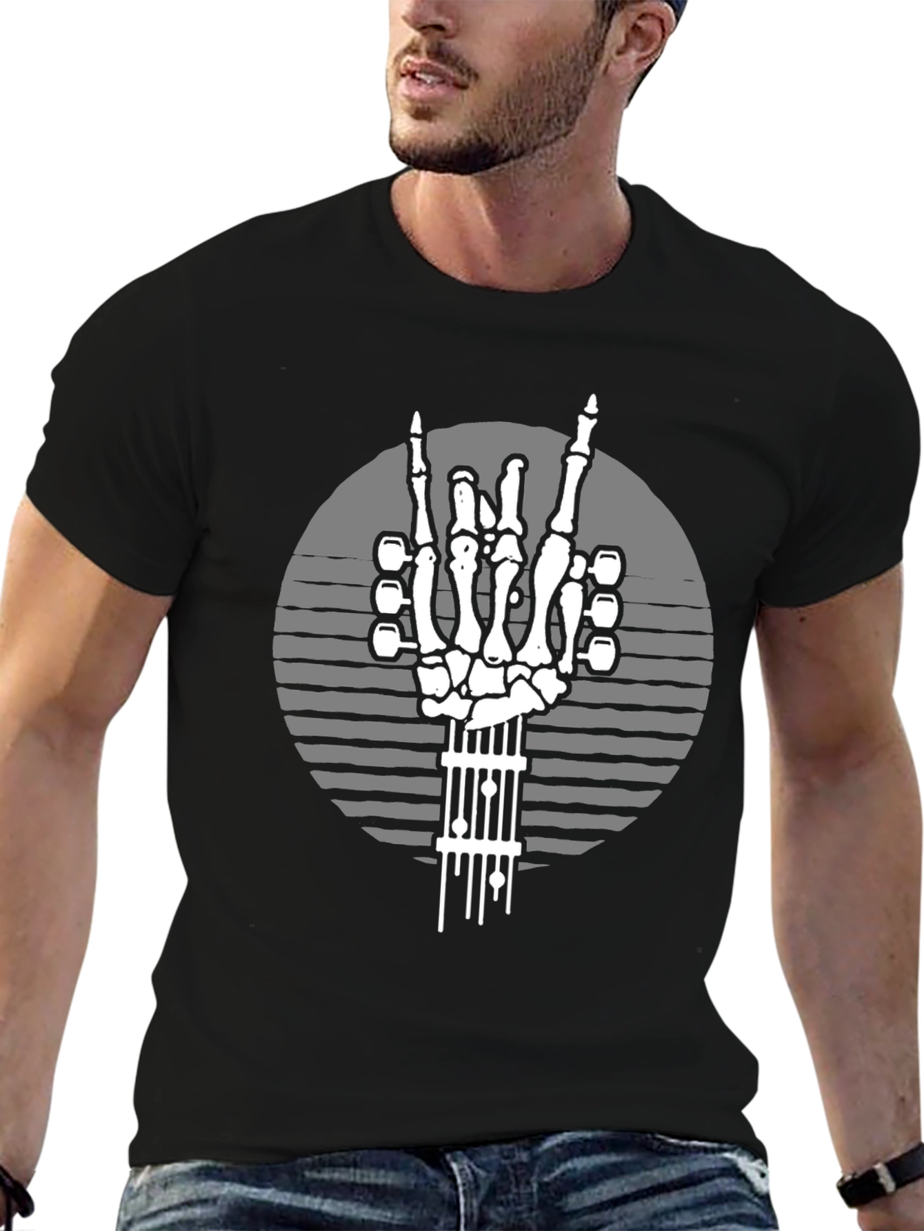 Black Rock On Skeleton Guitar Hand T-Shirt view 6