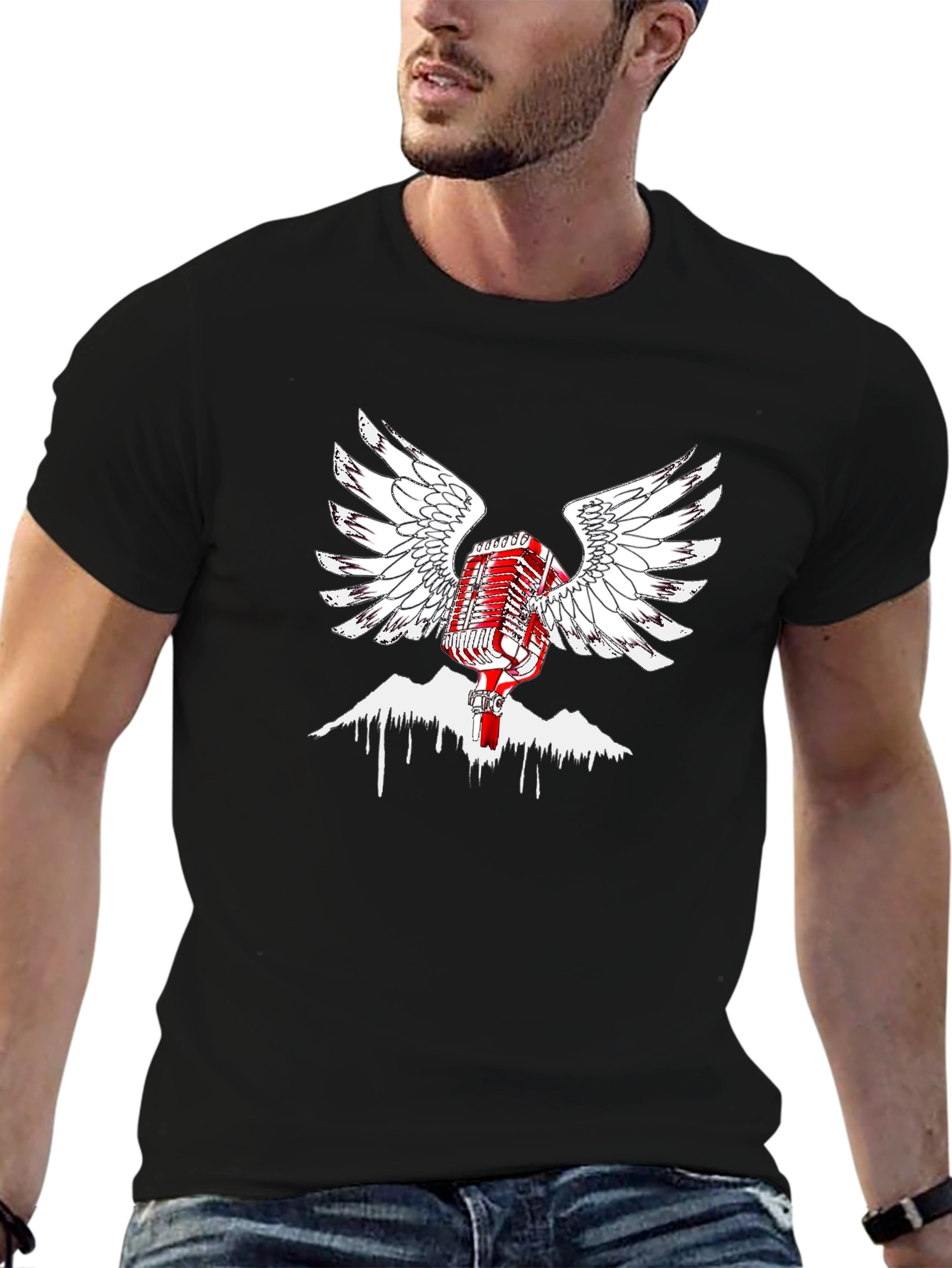 Black Retro Microphone Wings Black T-Shirt view 6