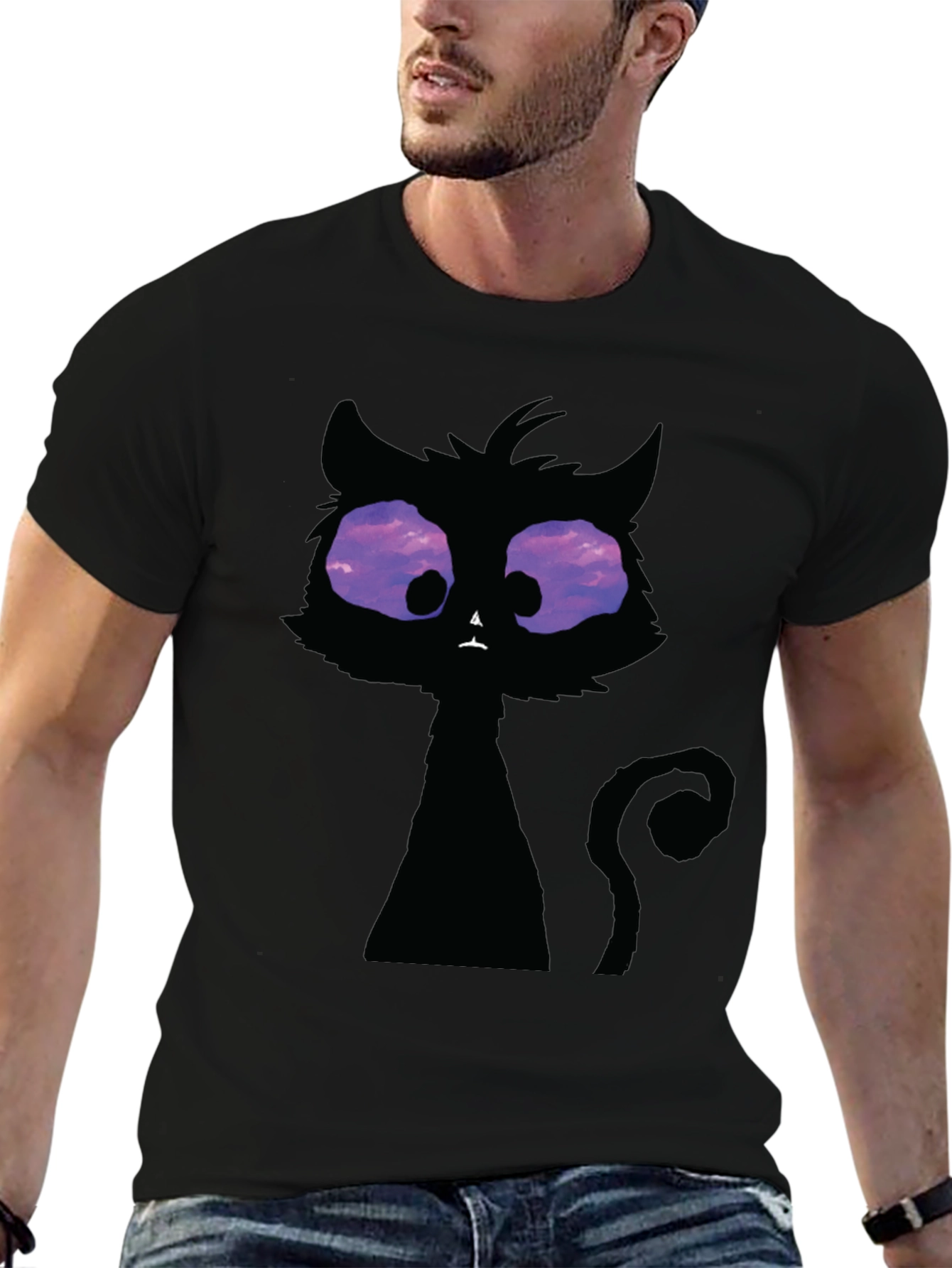 Black Whimsical Cat T-Shirt: Black Crew Neck with Unique Design view 6