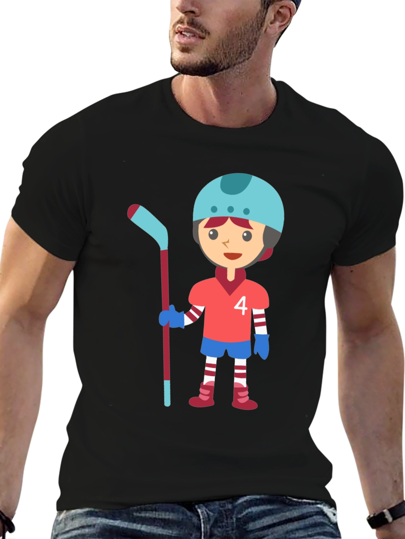 Black Cartoon Hockey Player Graphic T-Shirt view 6