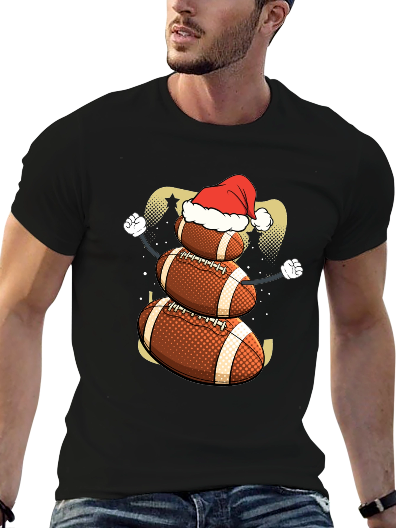 Black Football Snowman Christmas T-Shirt view 6