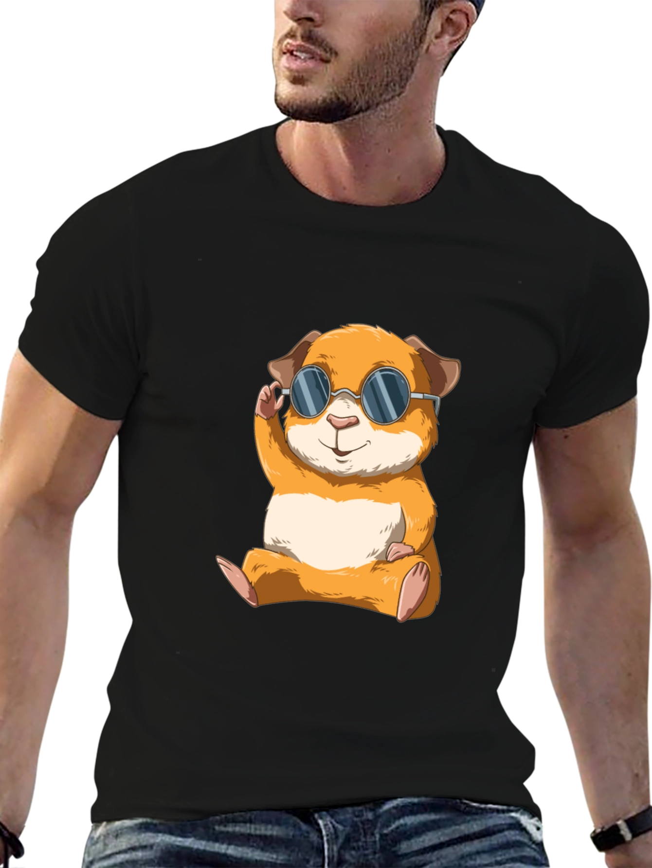 Black Cool Hamster Graphic Tee - Black Cotton T-Shirt view 6