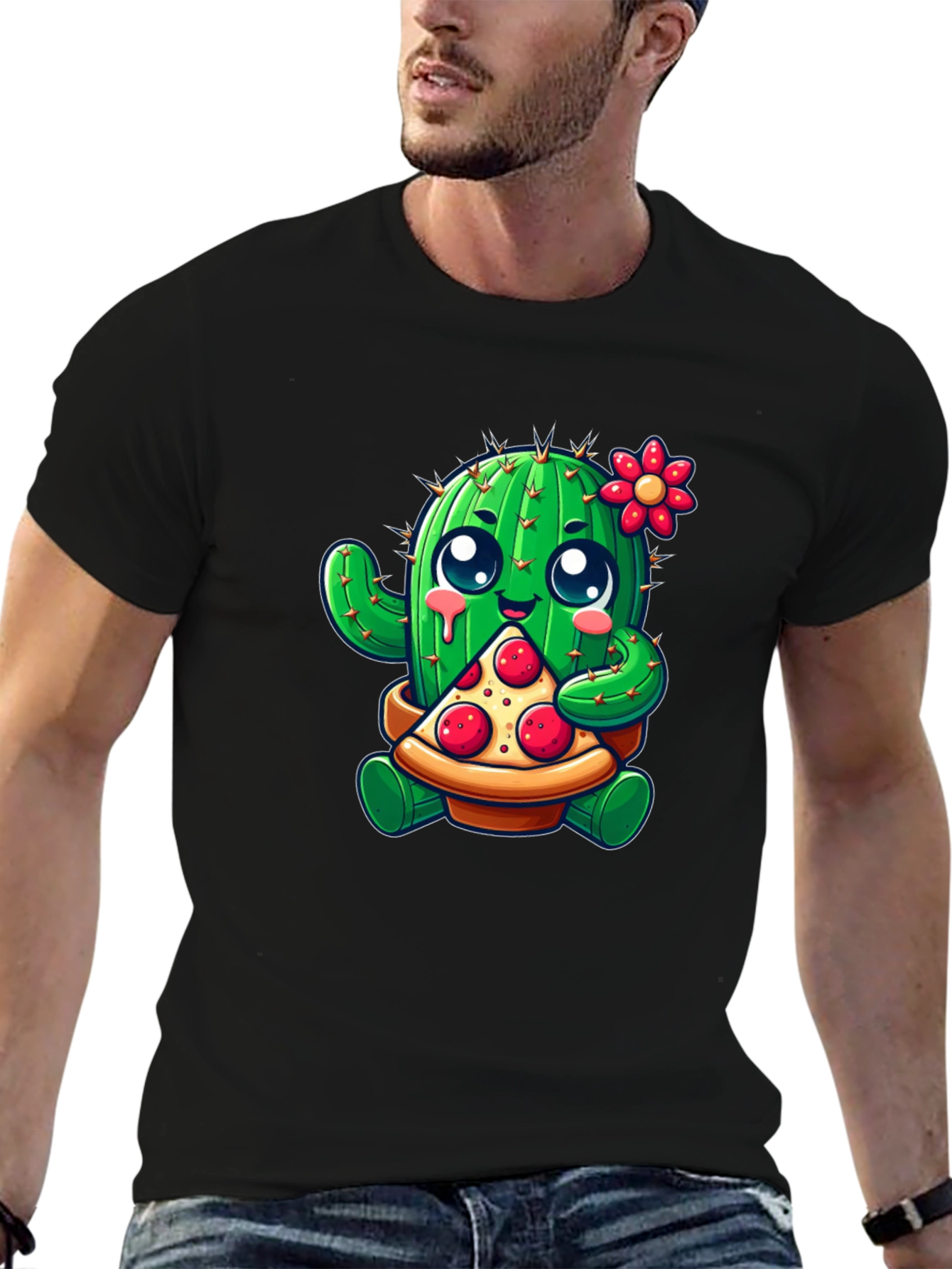 Black Cactus Pizza Lover Black T-Shirt view 6