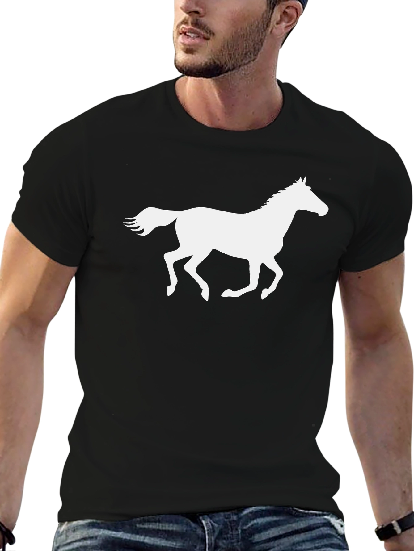 Black Black T-Shirt with White Horse Graphic view 6