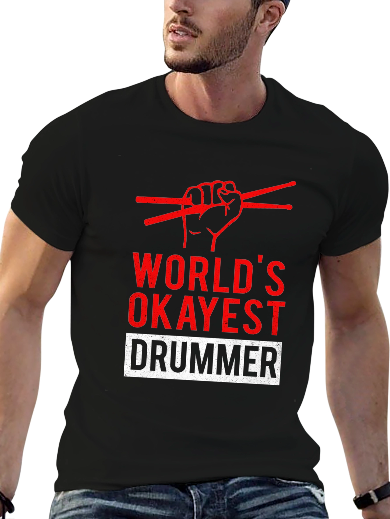 Black World's Okayest Drummer T-Shirt - Funny Musician Tee view 6
