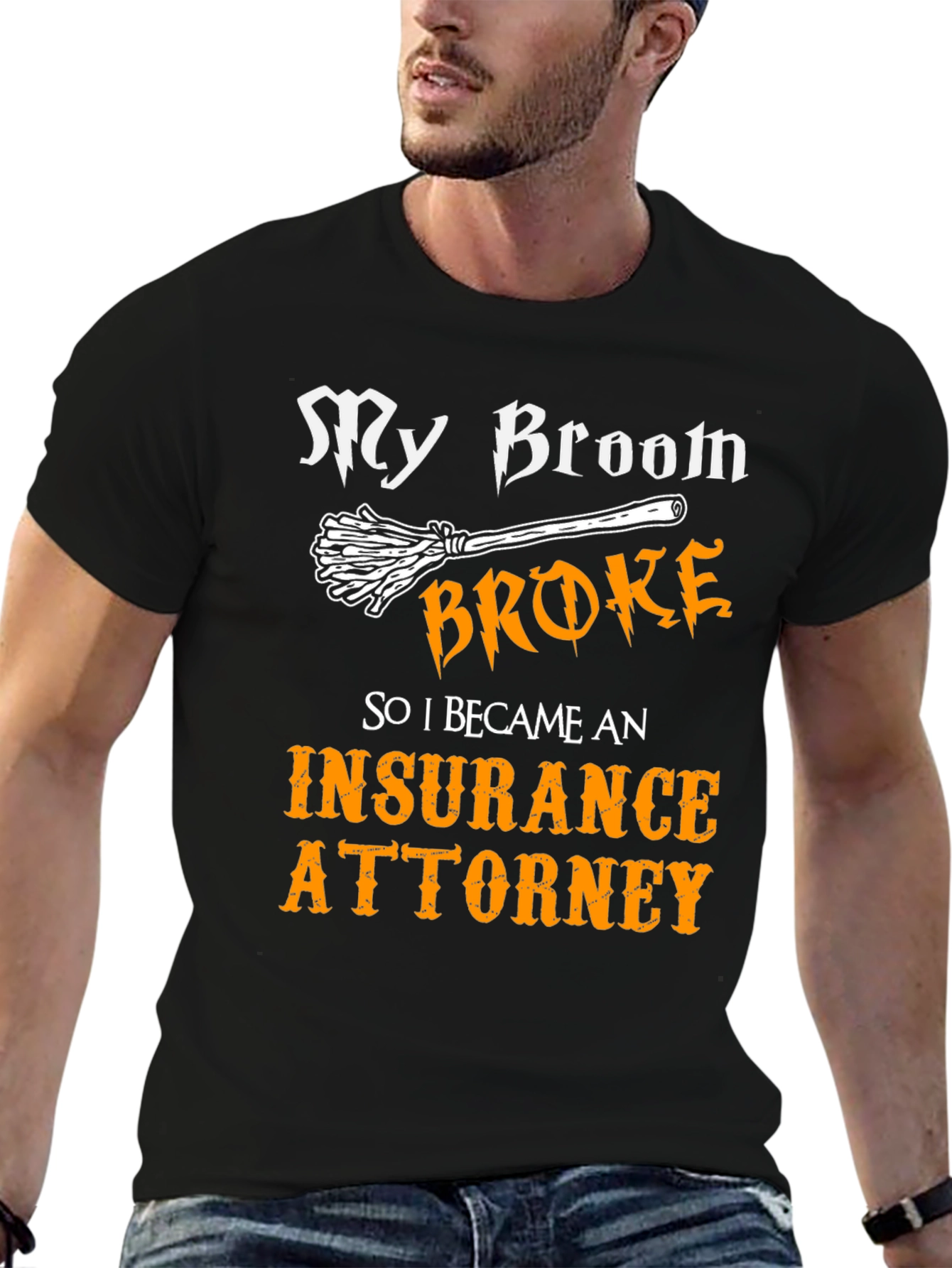 Black Funny Insurance Attorney T-Shirt - Halloween Broom view 6